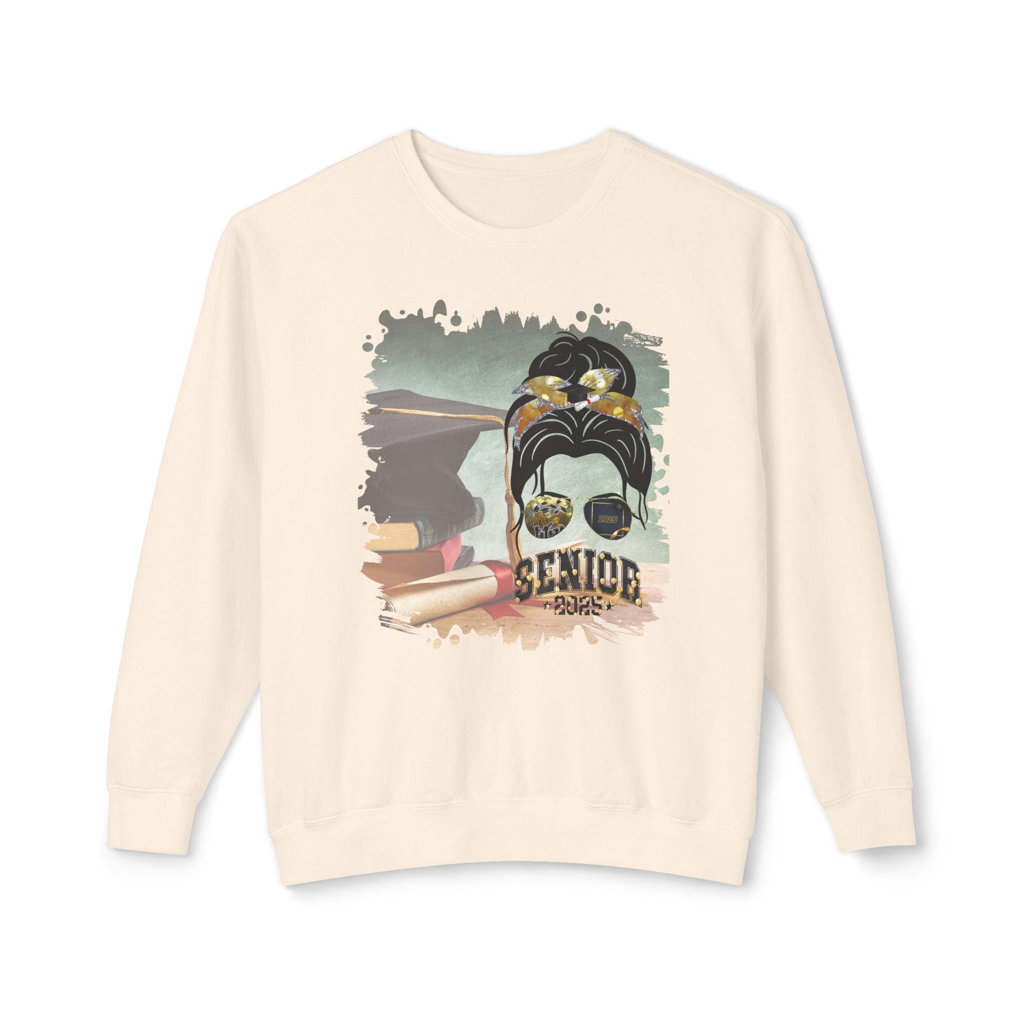 Senior 2025 Balloons, Cap & Degree/Diploma, Dark Hair Messy Bun, Unisex Lightweight Crewneck Sweatshirt