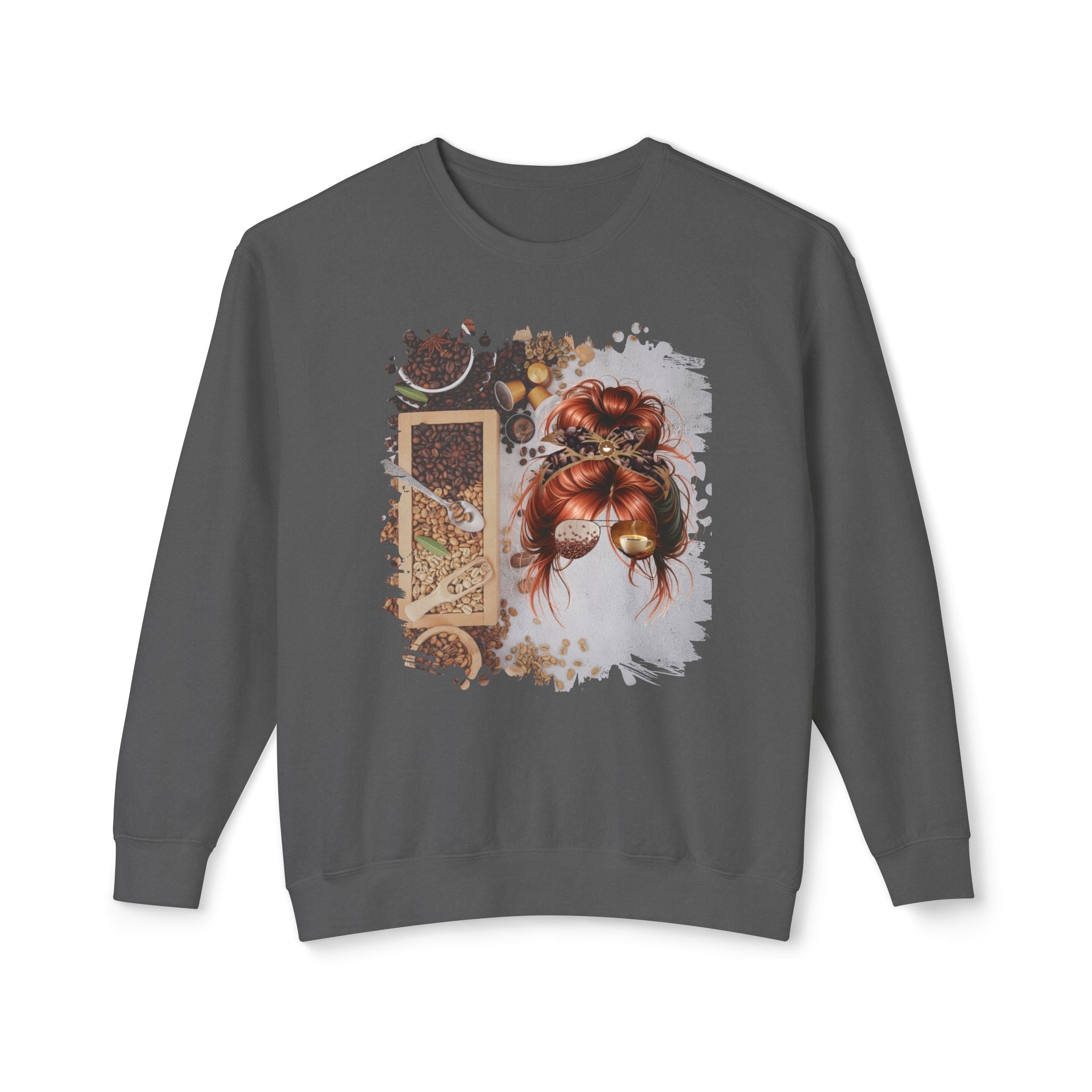 Coffee Beans Variety, Red Hair Messy Bun, Unisex Lightweight Crewneck Sweatshirt