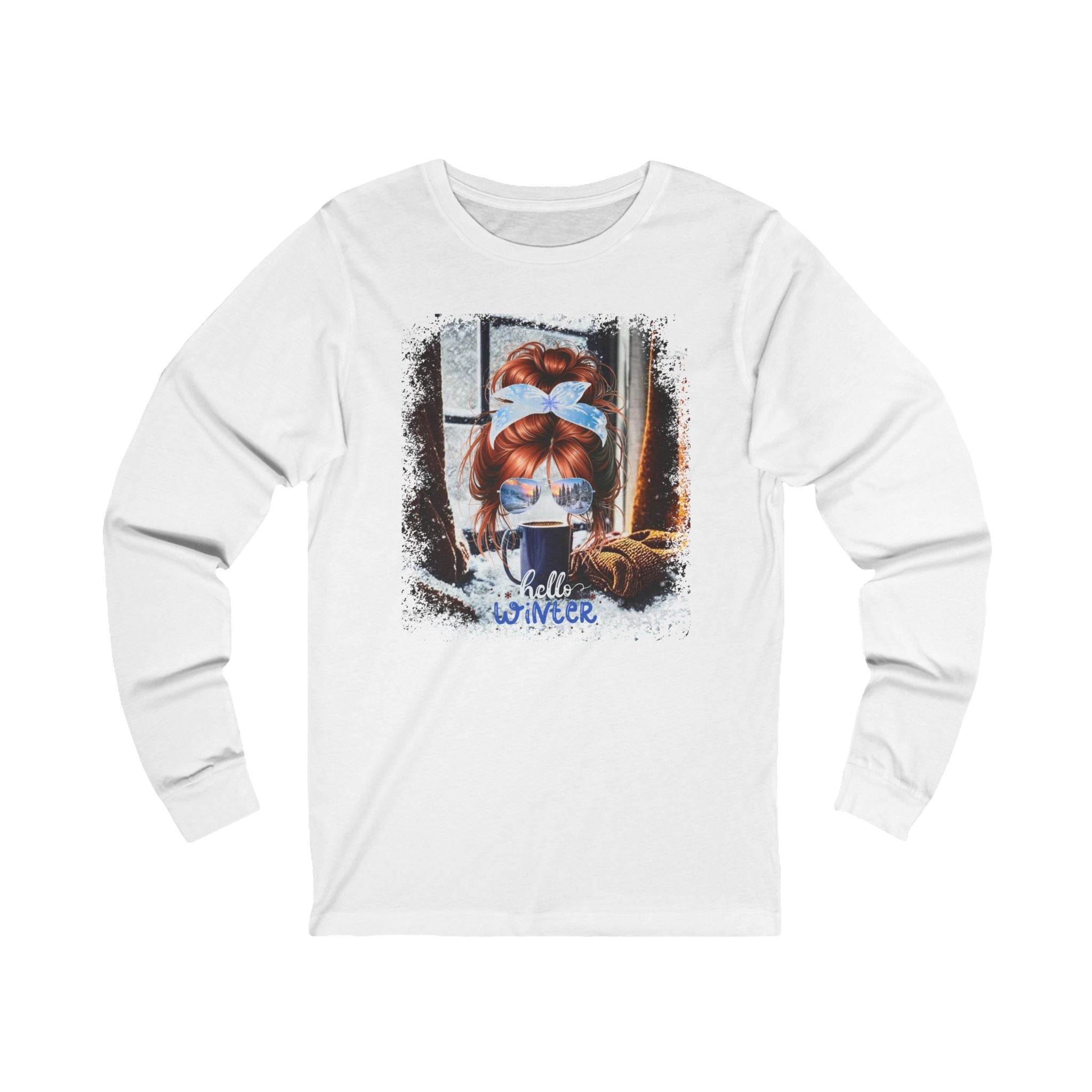 Hello Winter, Winter Home, Red Hair Messy Bun, Unisex Jersey Long Sleeve Tee