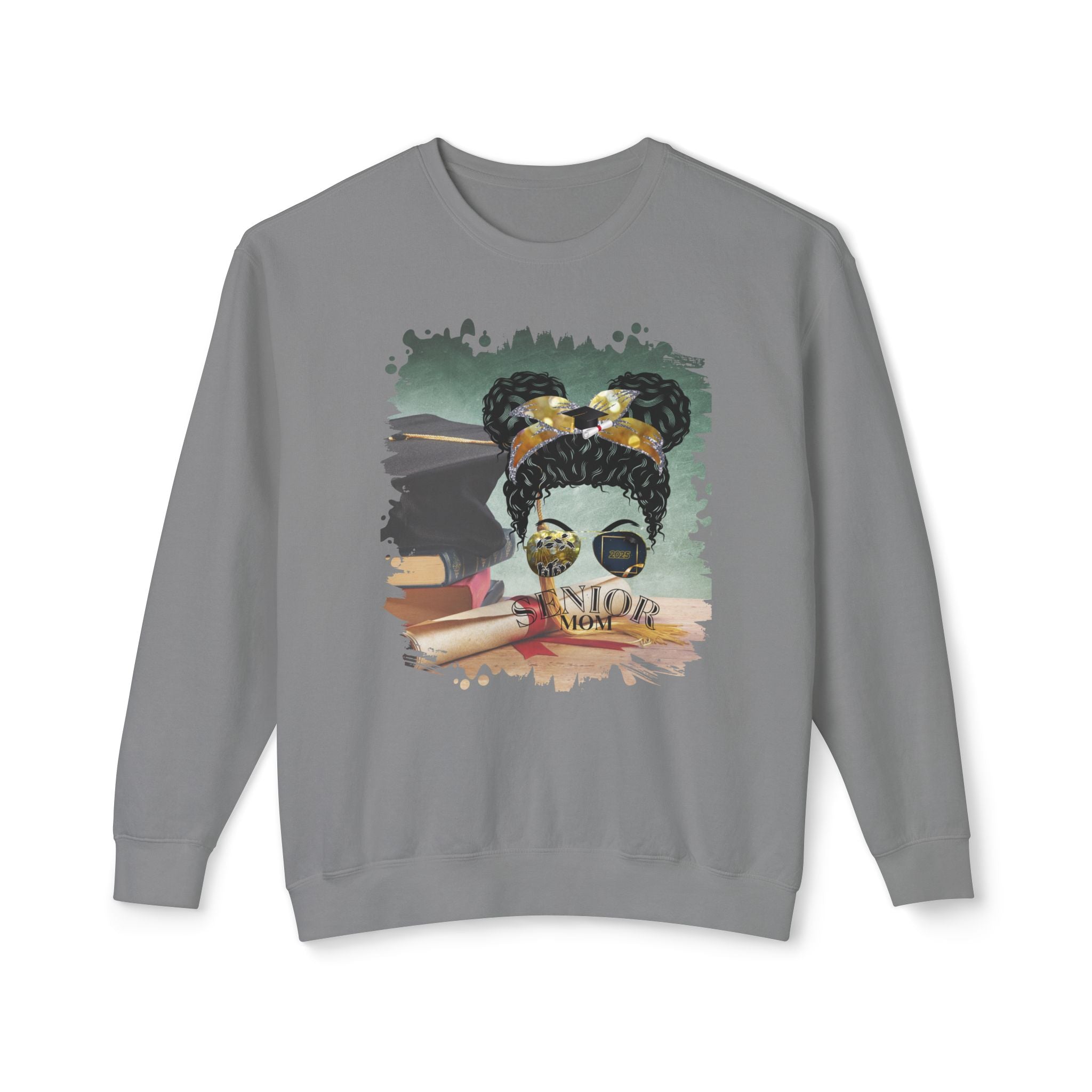 Senior Mom, Cap & Degree/Diploma, Black Hair Messy Bun, Unisex Lightweight Crewneck Sweatshirt