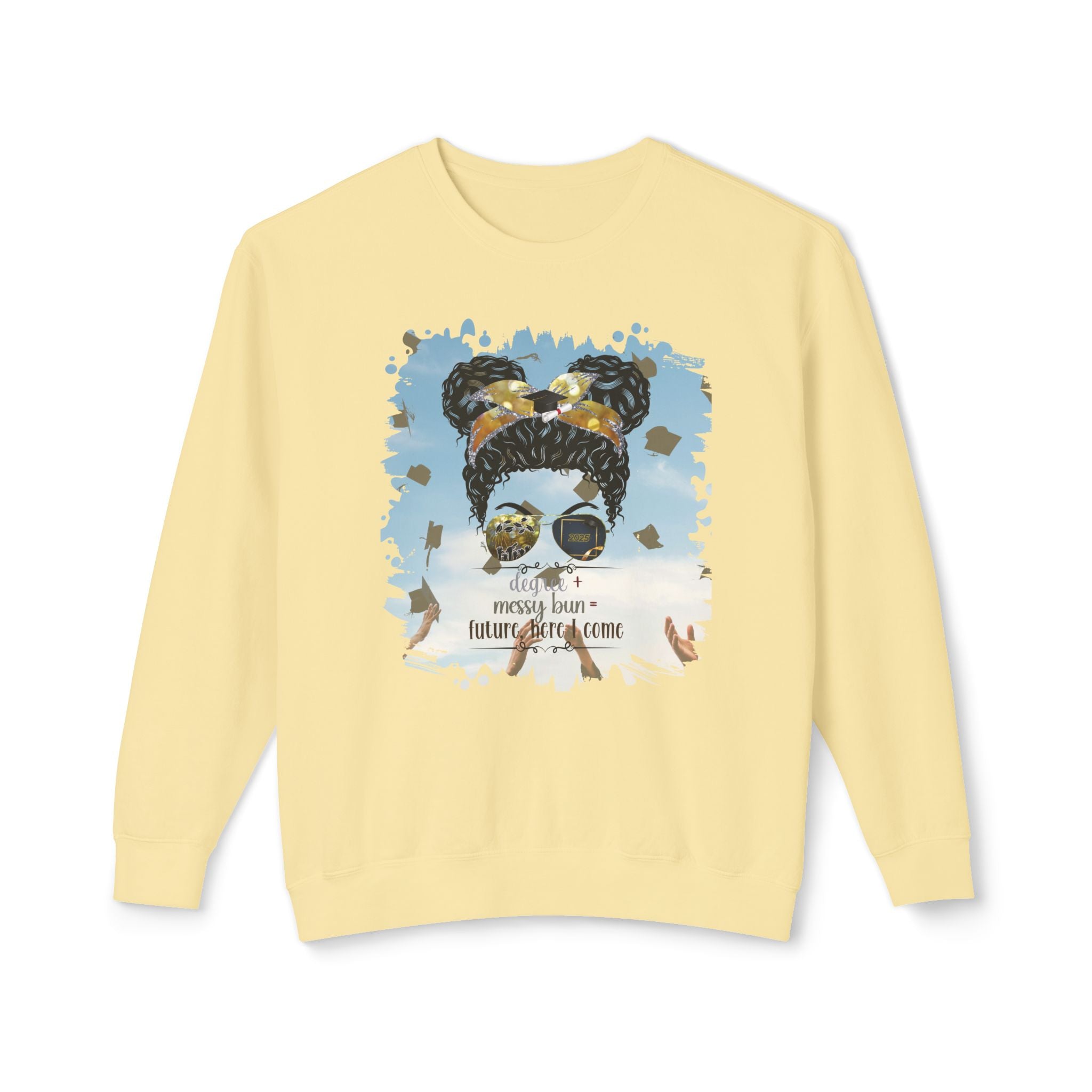 Degree + Messy Bun, Celebration, Black Hair Messy Bun, Unisex Lightweight Crewneck Sweatshirt