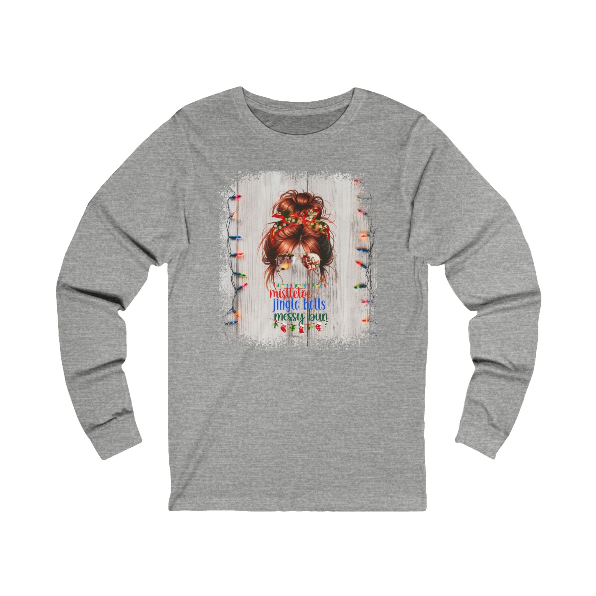 Messy Bun Christmas Lights String, Red Hair Messy Bun, Unisex Jersey Long Sleeve Tee
