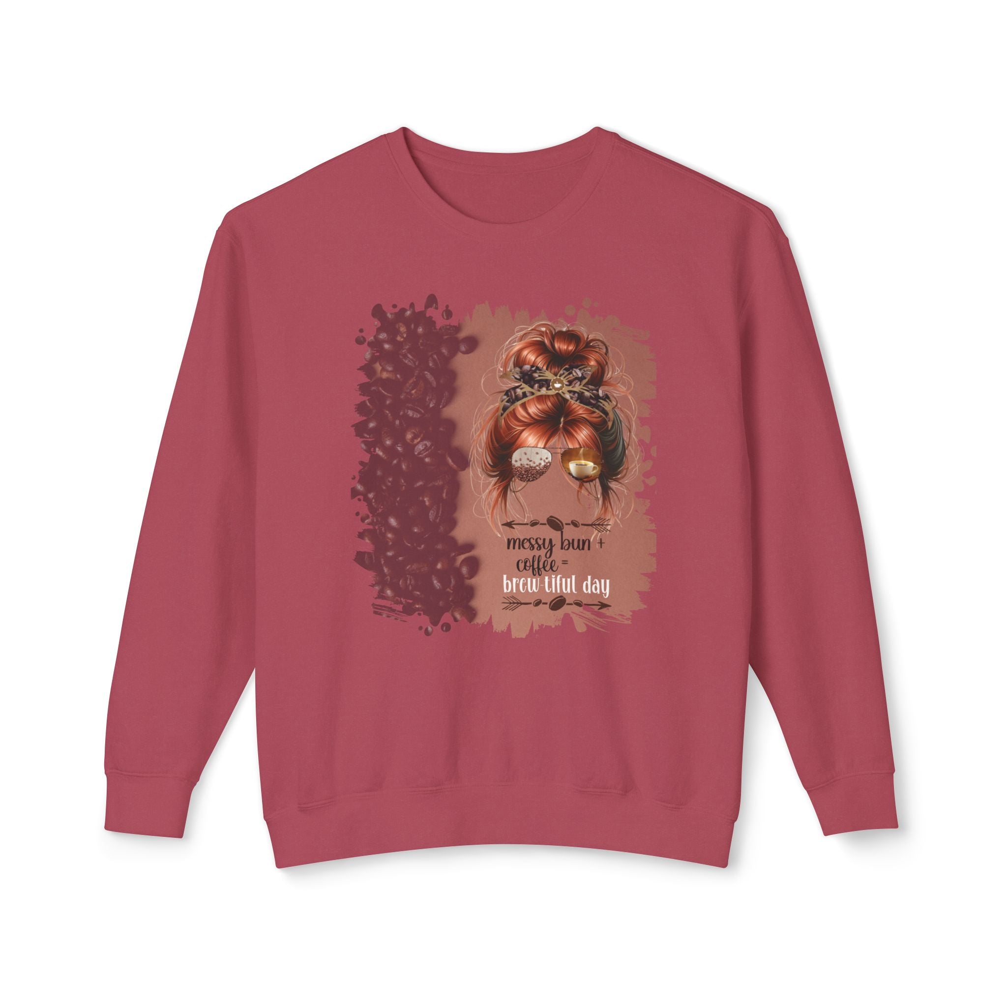 Messy Bun plus Coffee, Coffee Beans Shade, Red Hair Messy Bun, Unisex Lightweight Crewneck Sweatshirt