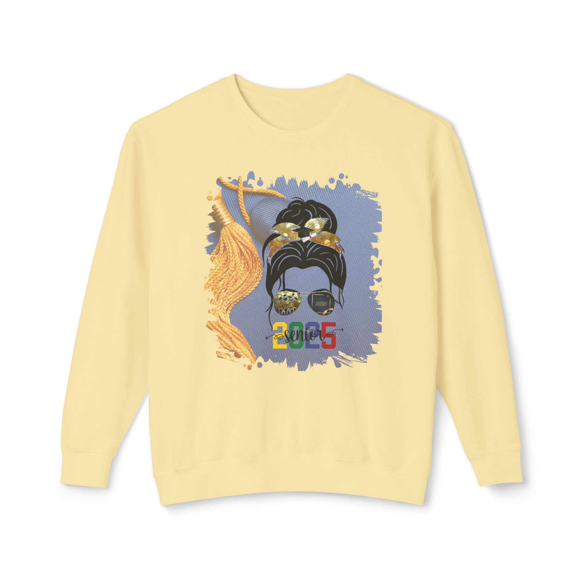 Senior 2025 Colorful, Graduation Cap, Dark Hair Messy Bun, Unisex Lightweight Crewneck Sweatshirt