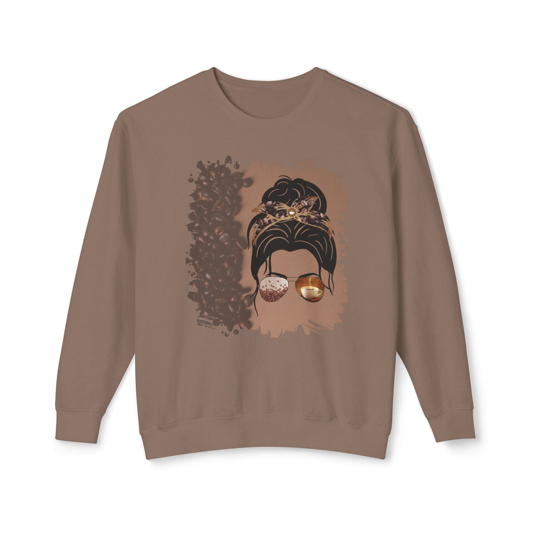Coffee Beans Shade, Dark Hair Messy Bun, Unisex Lightweight Crewneck Sweatshirt