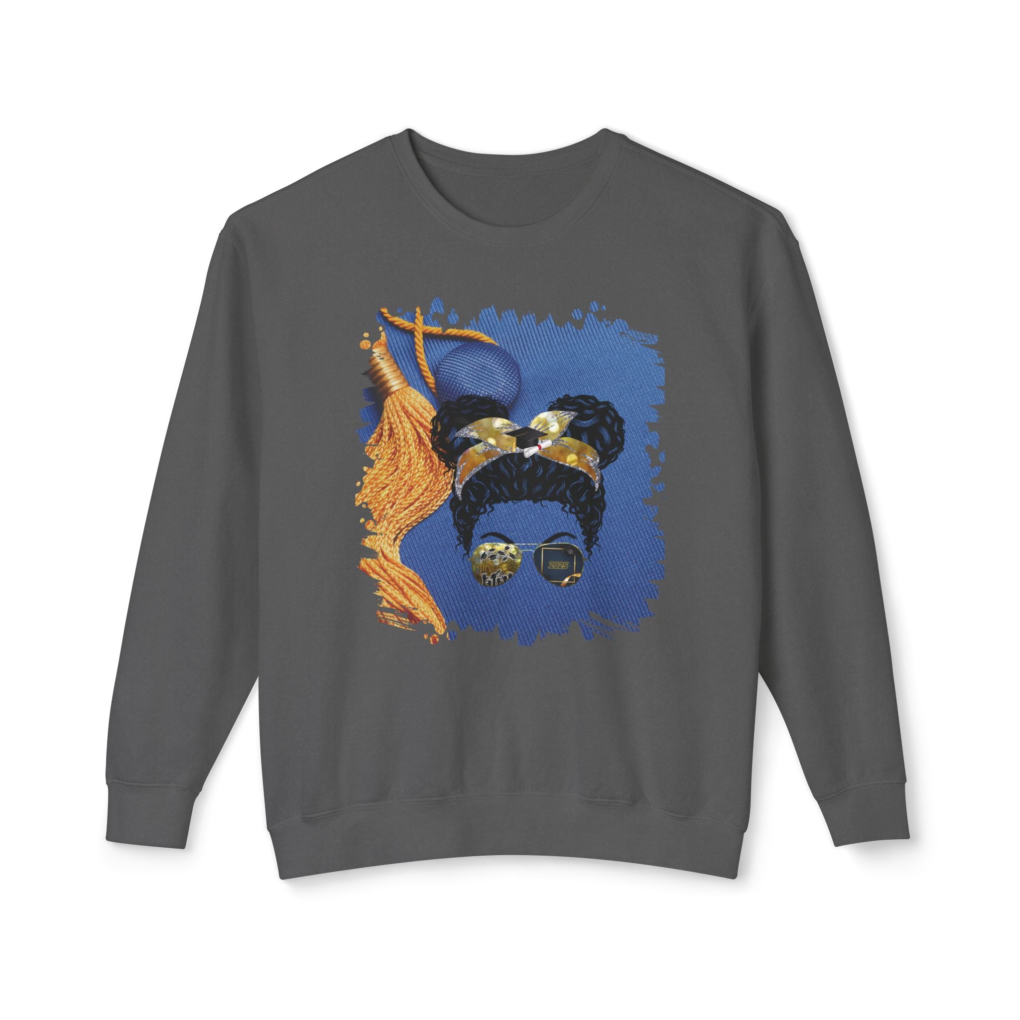 Graduation Cap, Black Hair Messy Bun, Unisex Lightweight Crewneck Sweatshirt