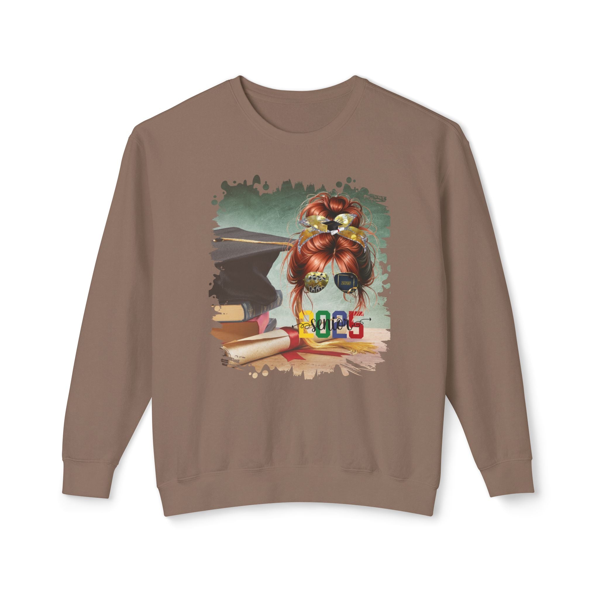 Senior 2025 Colorful, Cap & Degree/Diploma, Red Hair Messy Bun, Unisex Lightweight Crewneck Sweatshirt