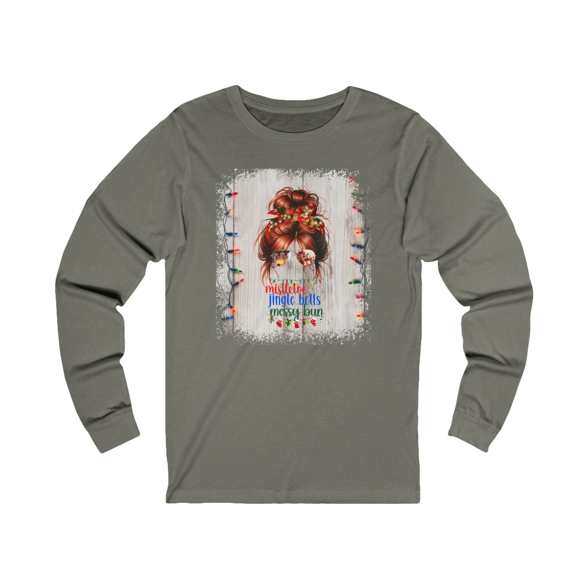 Messy Bun Christmas Lights String, Red Hair Messy Bun, Unisex Jersey Long Sleeve Tee