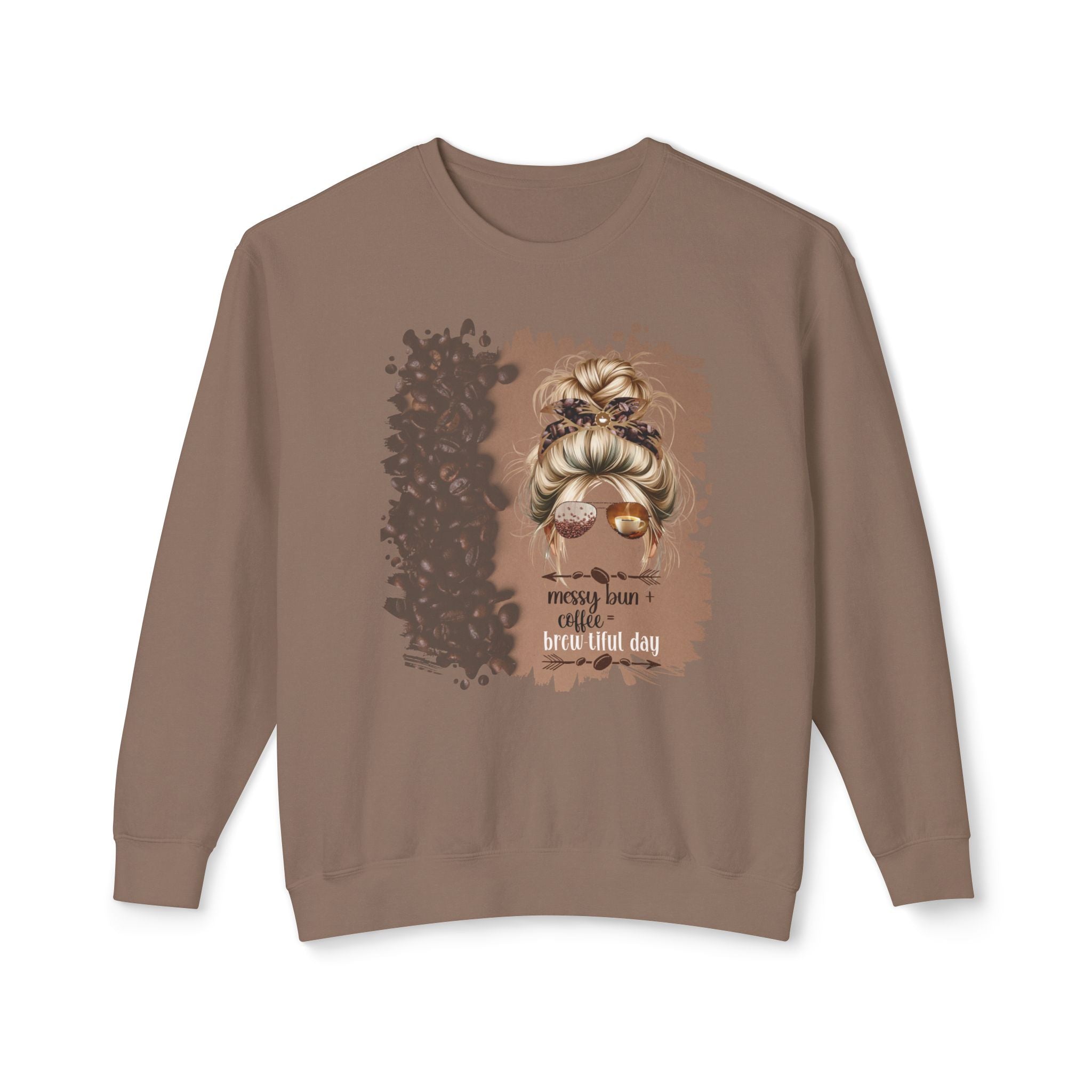 Messy Bun plus Coffee, Coffee Beans Shade, Blond Hair Messy Bun, Unisex Lightweight Crewneck Sweatshirt