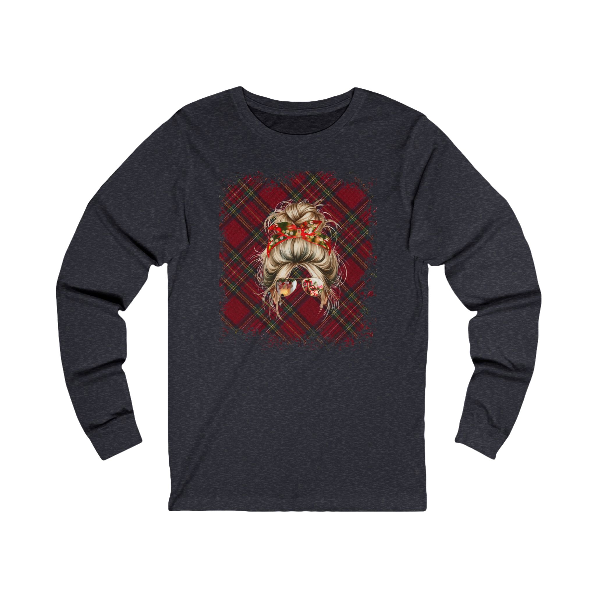 Christmas Plaid, Blond Hair Messy Bun, Unisex Jersey Long Sleeve Tee