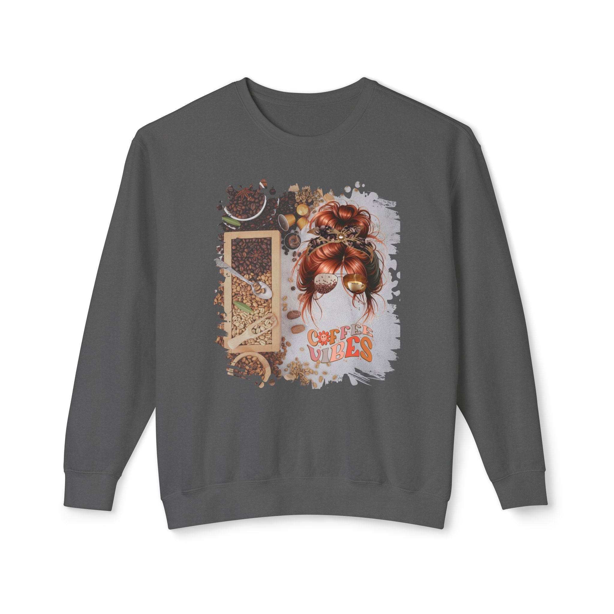 Coffee Vibes, Coffee Beans Variety, Red Hair Messy Bun, Unisex Lightweight Crewneck Sweatshirt