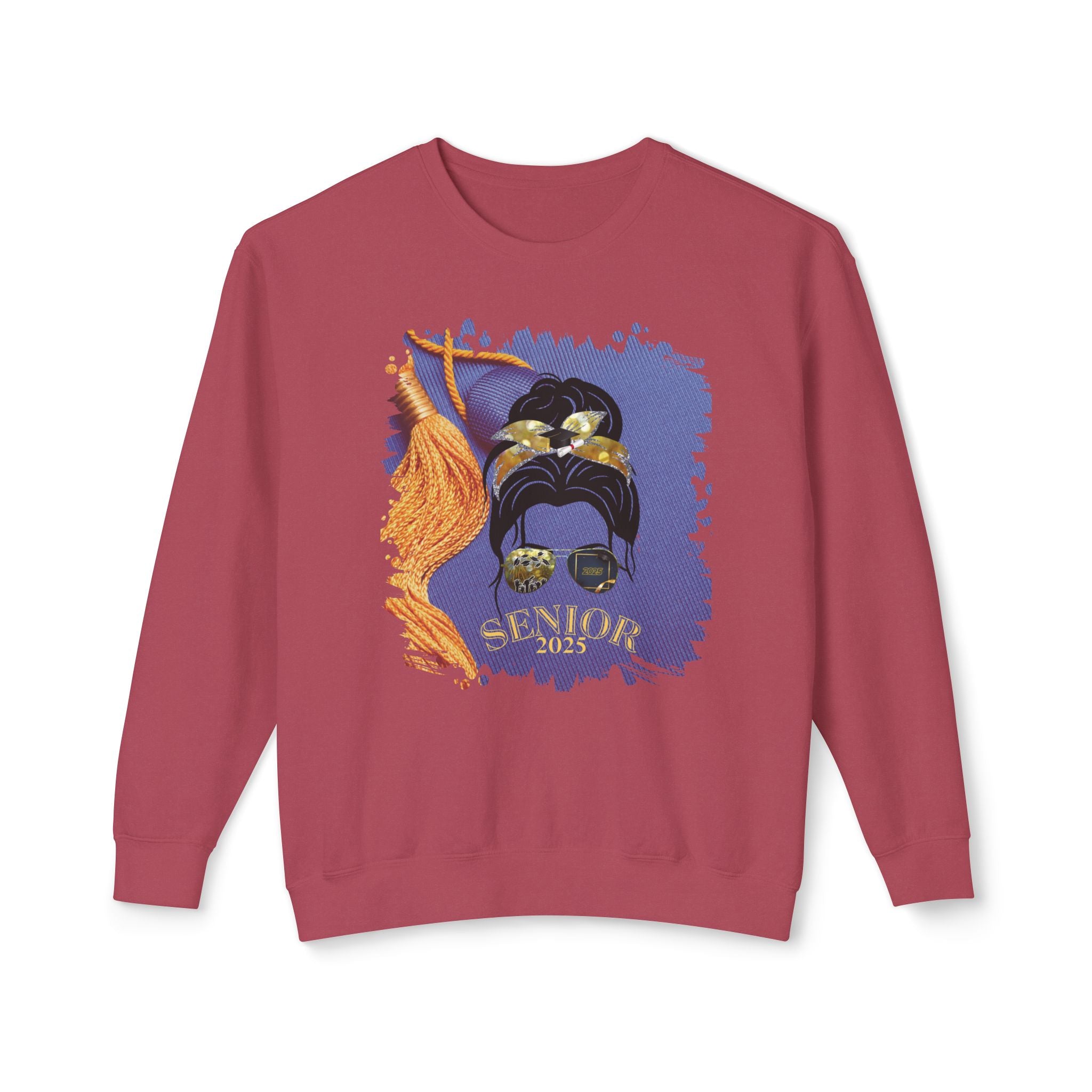 Senior 2025, Graduation Cap, Dark Hair Messy Bun, Unisex Lightweight Crewneck Sweatshirt