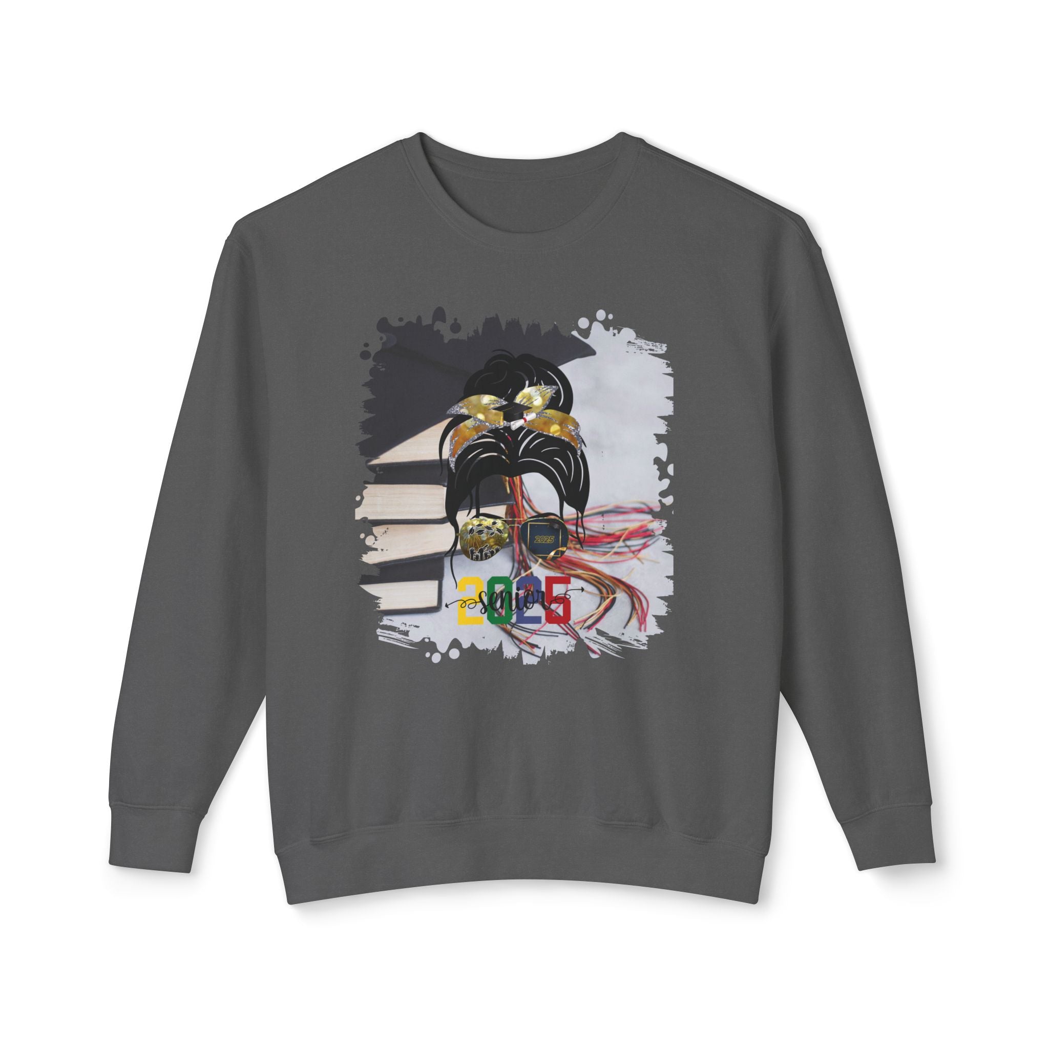Senior 2025 Colorful, Cap & Books, Dark Hair Messy Bun, Unisex Lightweight Crewneck Sweatshirt