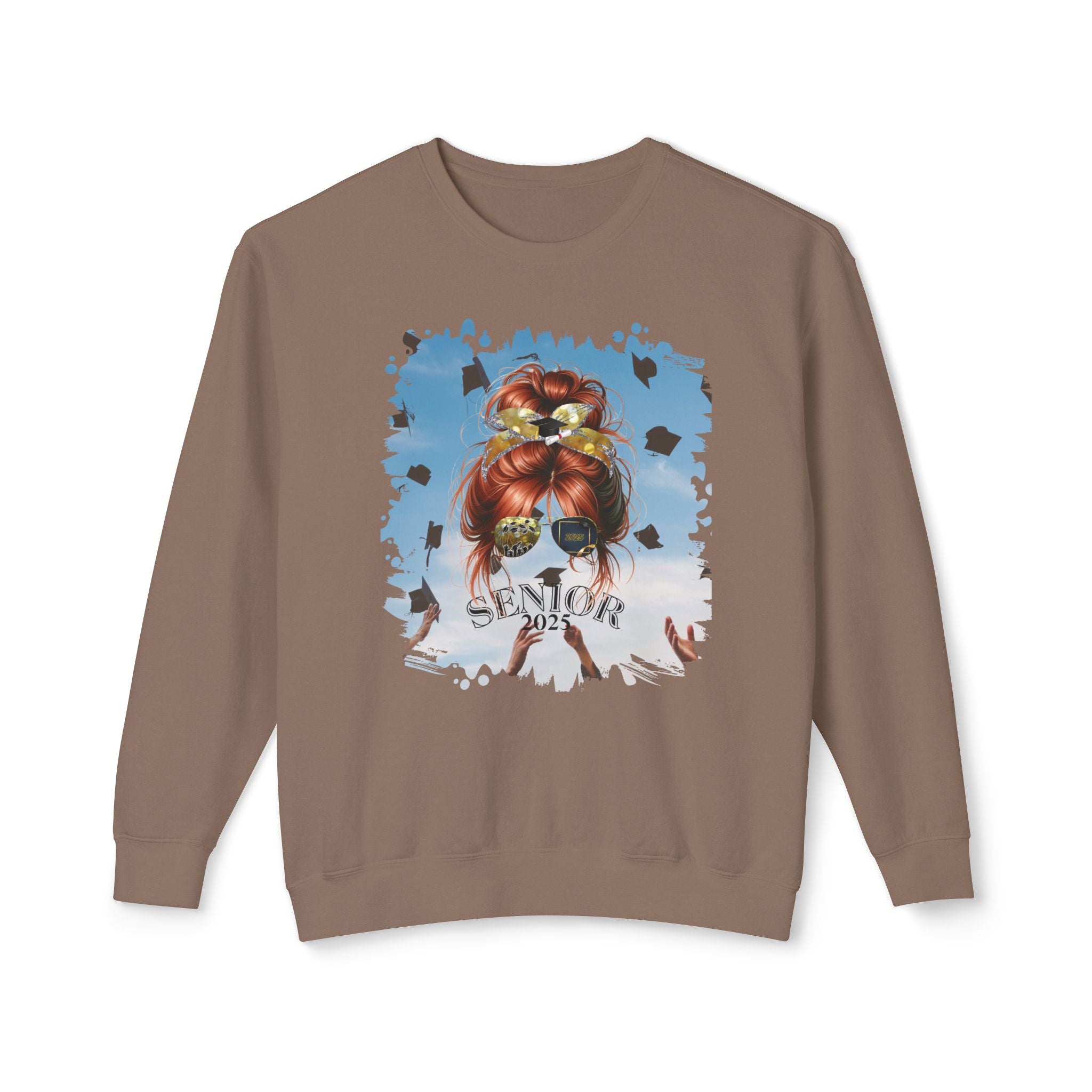 Senior 2025, Celebration, Red Hair Messy Bun, Unisex Lightweight Crewneck Sweatshirt