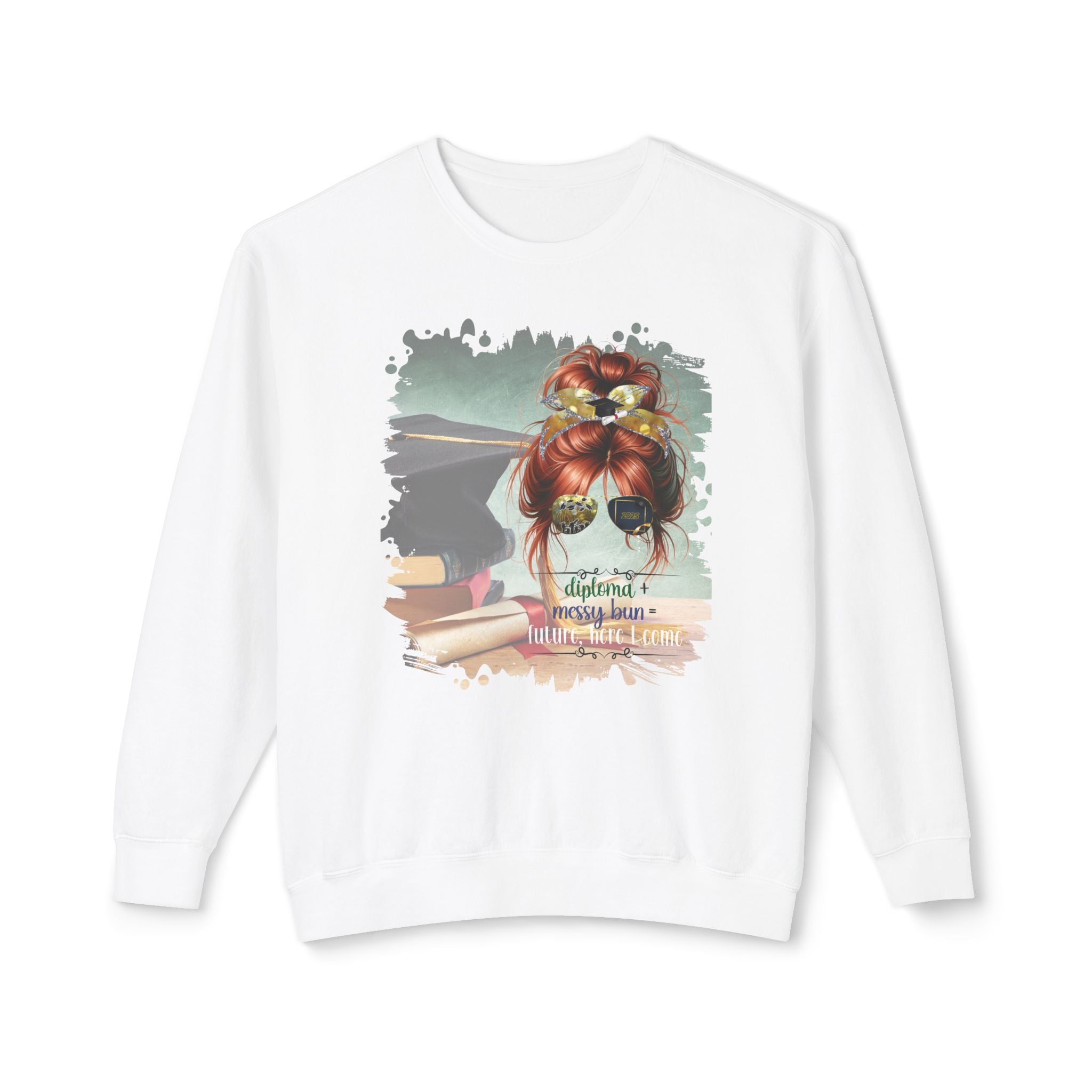 Diploma + Messy Bun, Cap & Degree/Diploma, Red Hair Messy Bun, Unisex Lightweight Crewneck Sweatshirt