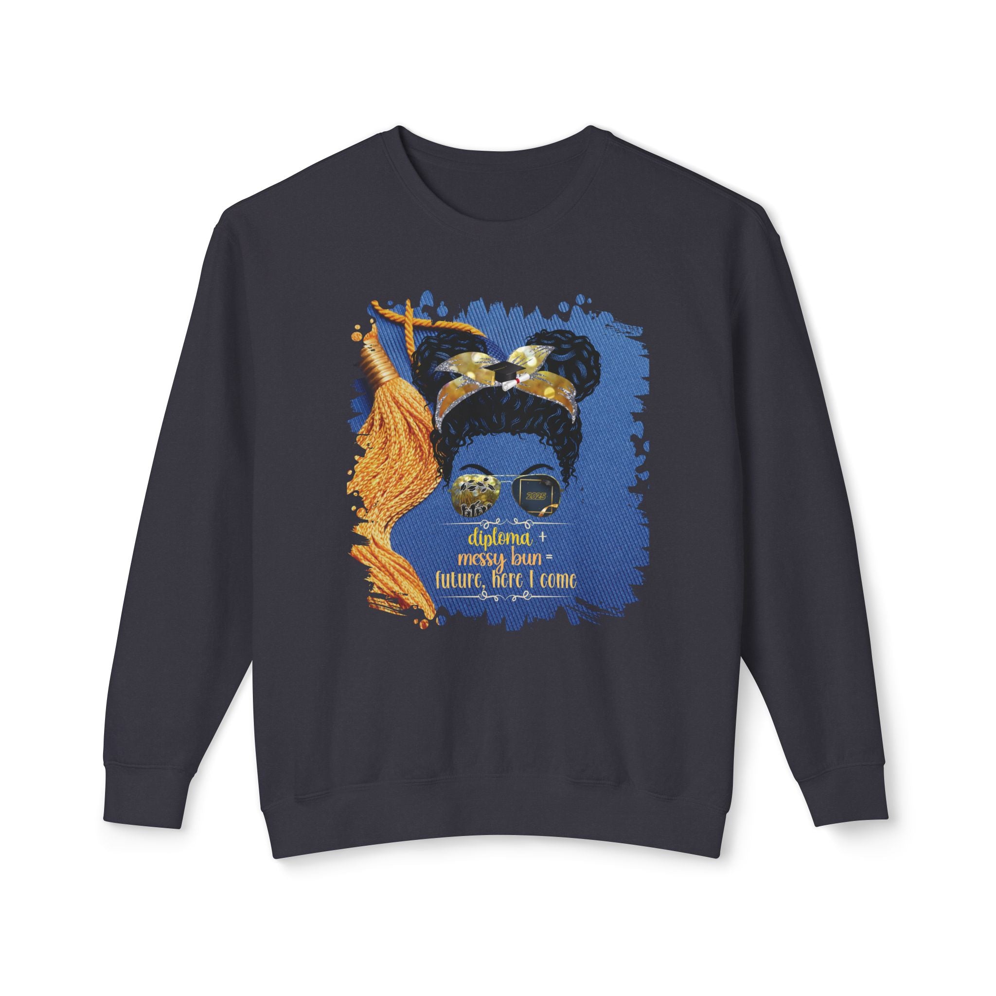 Diploma + Messy Bun, Graduation Cap, Black Hair Messy Bun, Unisex Lightweight Crewneck Sweatshirt