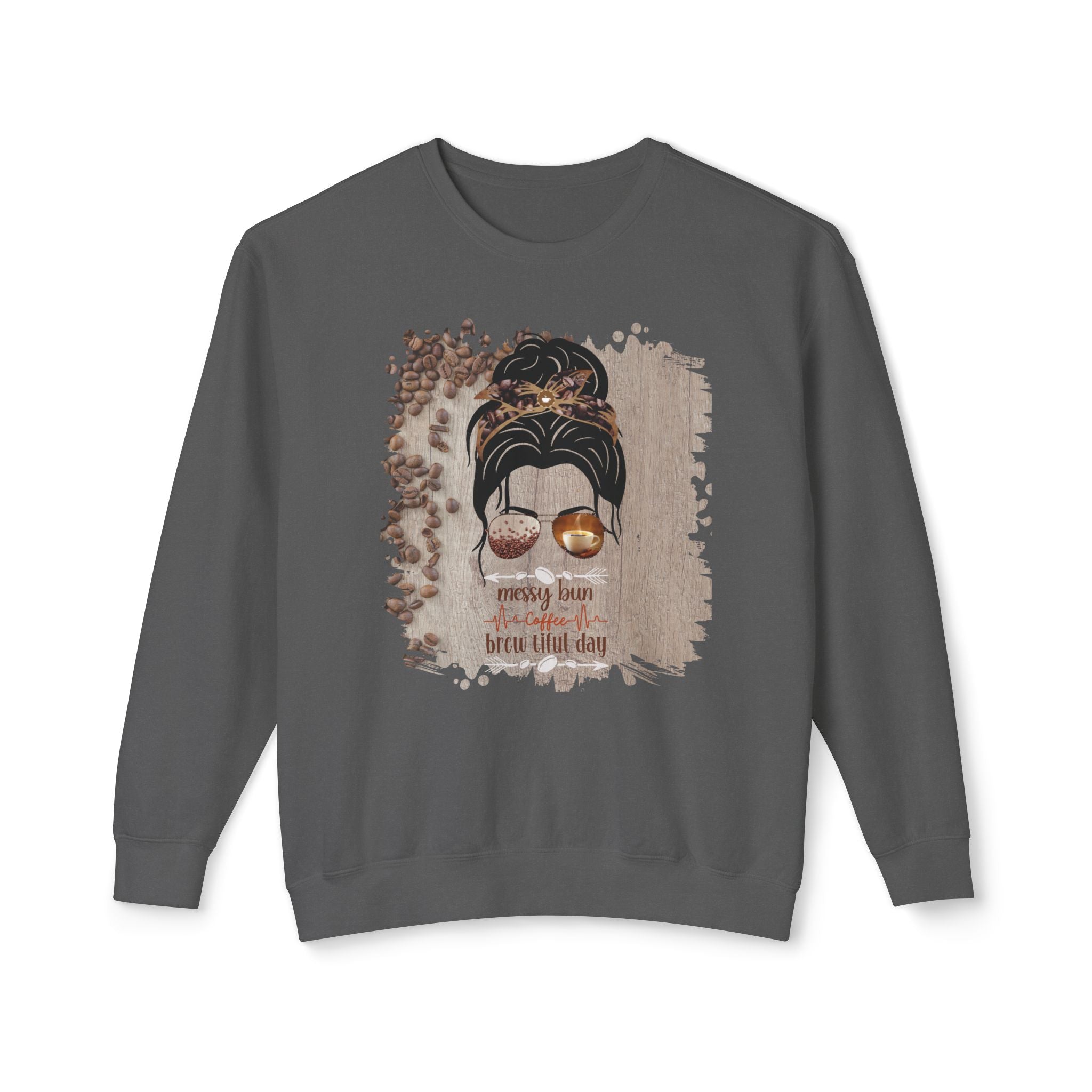 Coffee Heartbeat, Coffee Beans Table, Dark Hair Messy Bun, Unisex Lightweight Crewneck Sweatshirt