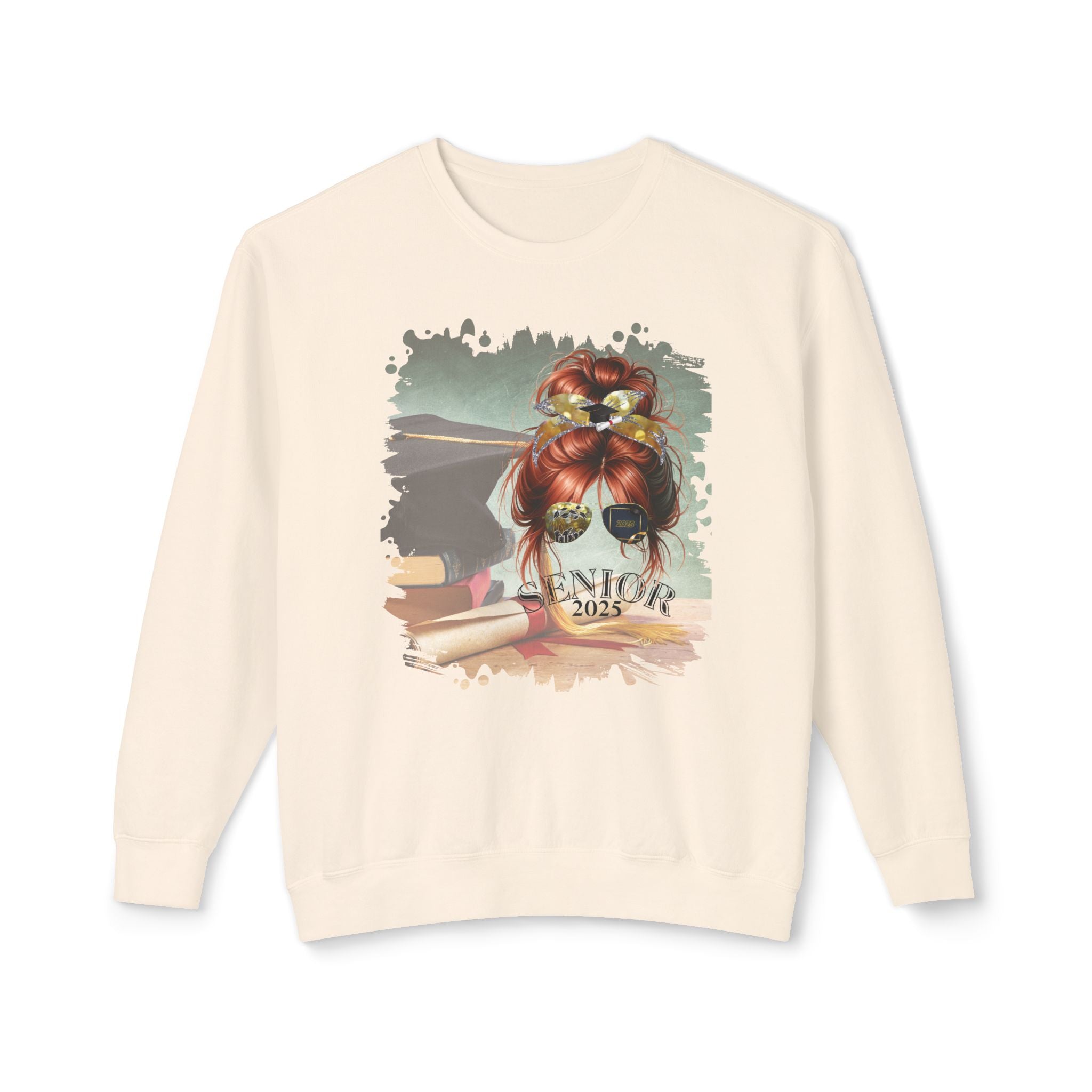 Senior 2025, Cap & Degree/Diploma, Red Hair Messy Bun, Unisex Lightweight Crewneck Sweatshirt