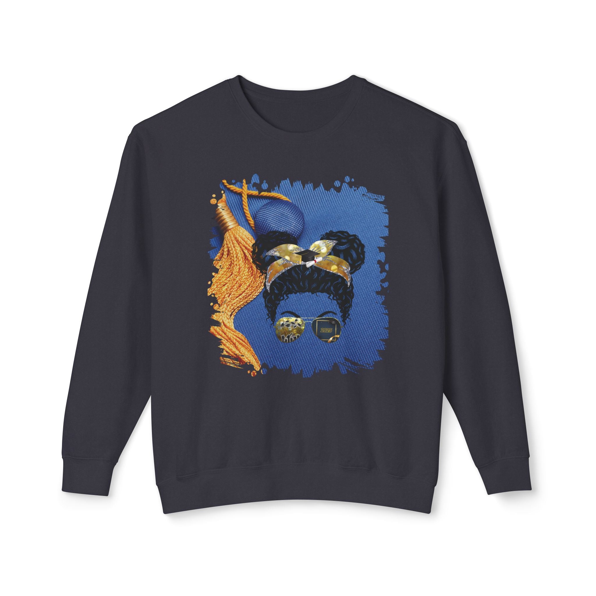 Graduation Cap, Black Hair Messy Bun, Unisex Lightweight Crewneck Sweatshirt