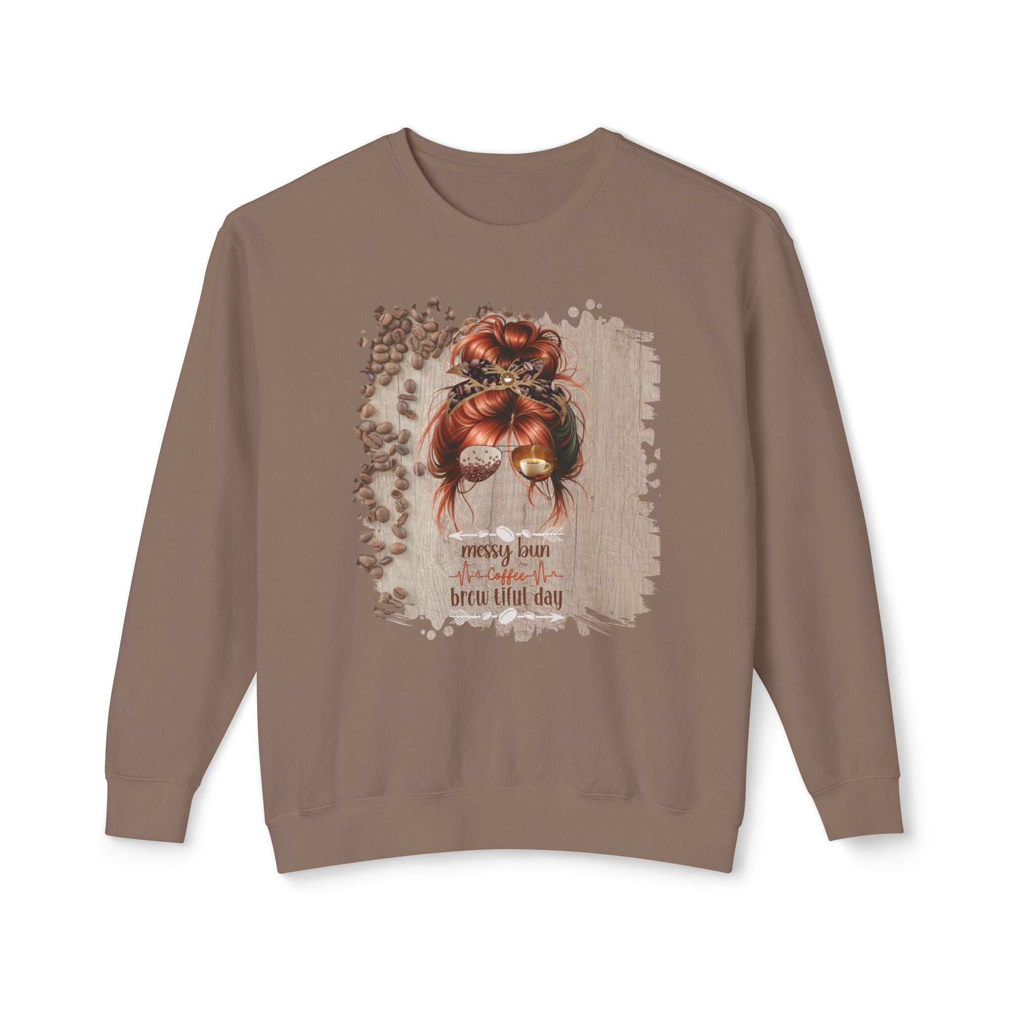 Coffee Heartbeat, Coffee Beans Table, Red Hair Messy Bun, Unisex Lightweight Crewneck Sweatshirt