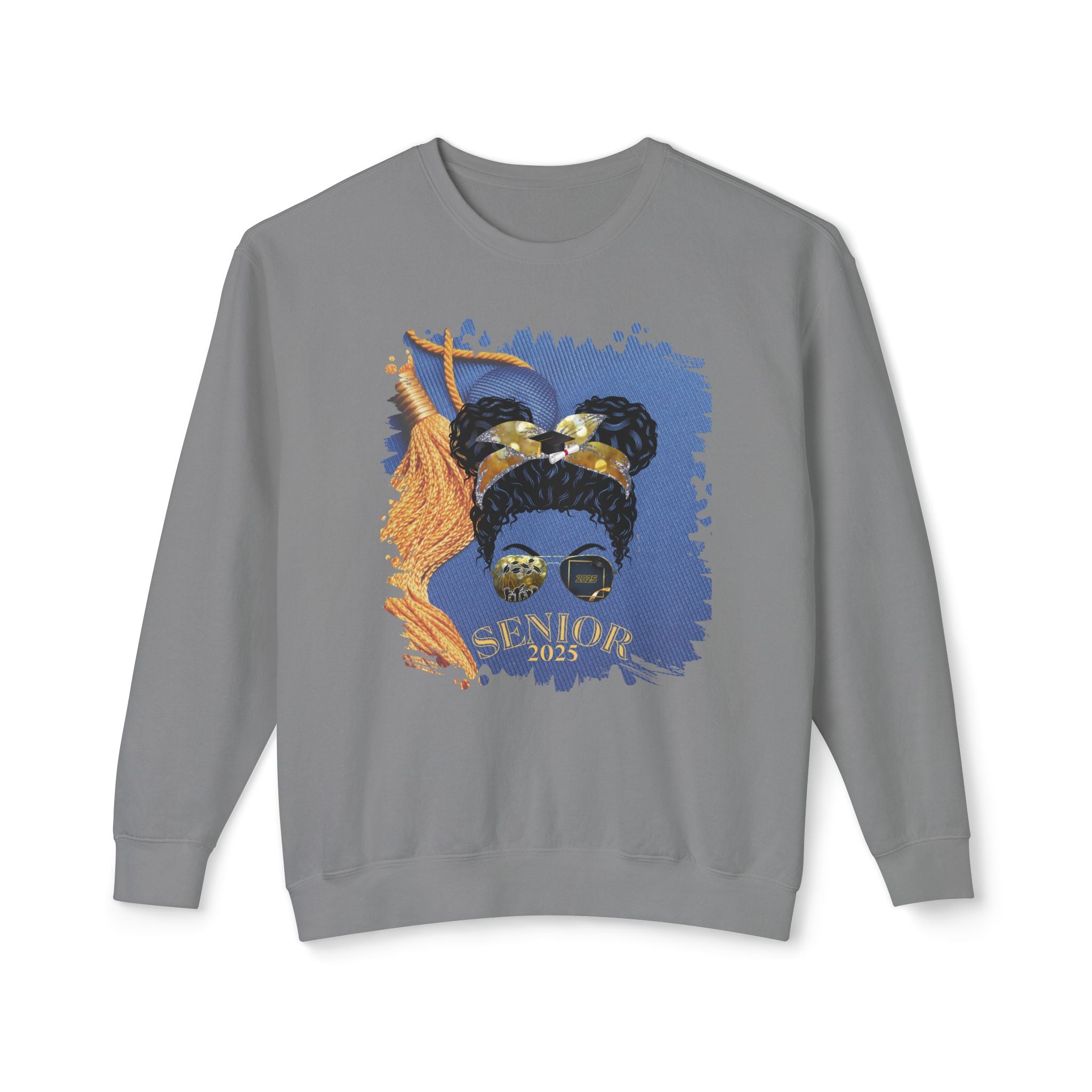 Senior 2025, Graduation Cap, Black Hair Messy Bun, Unisex Lightweight Crewneck Sweatshirt