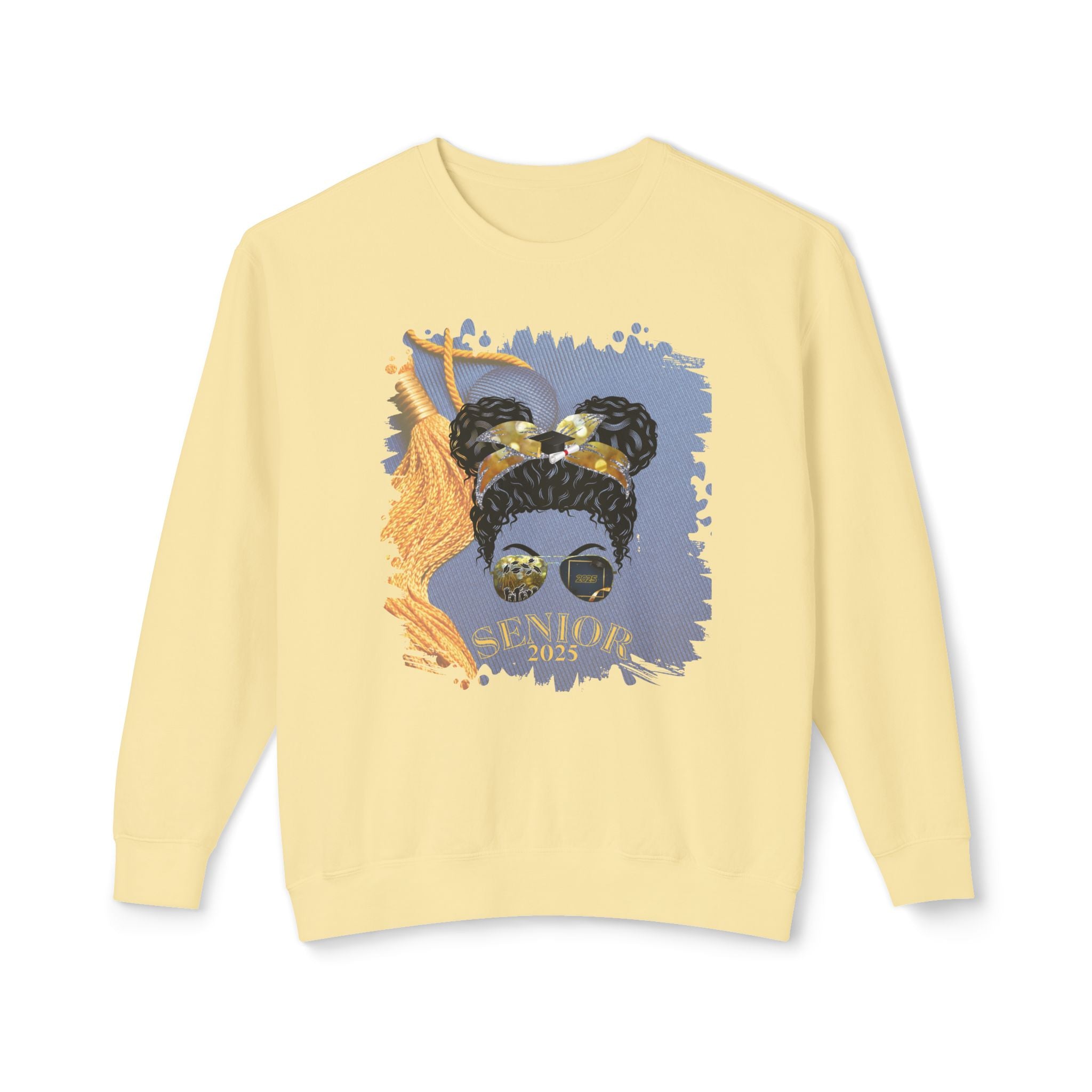 Senior 2025, Graduation Cap, Black Hair Messy Bun, Unisex Lightweight Crewneck Sweatshirt