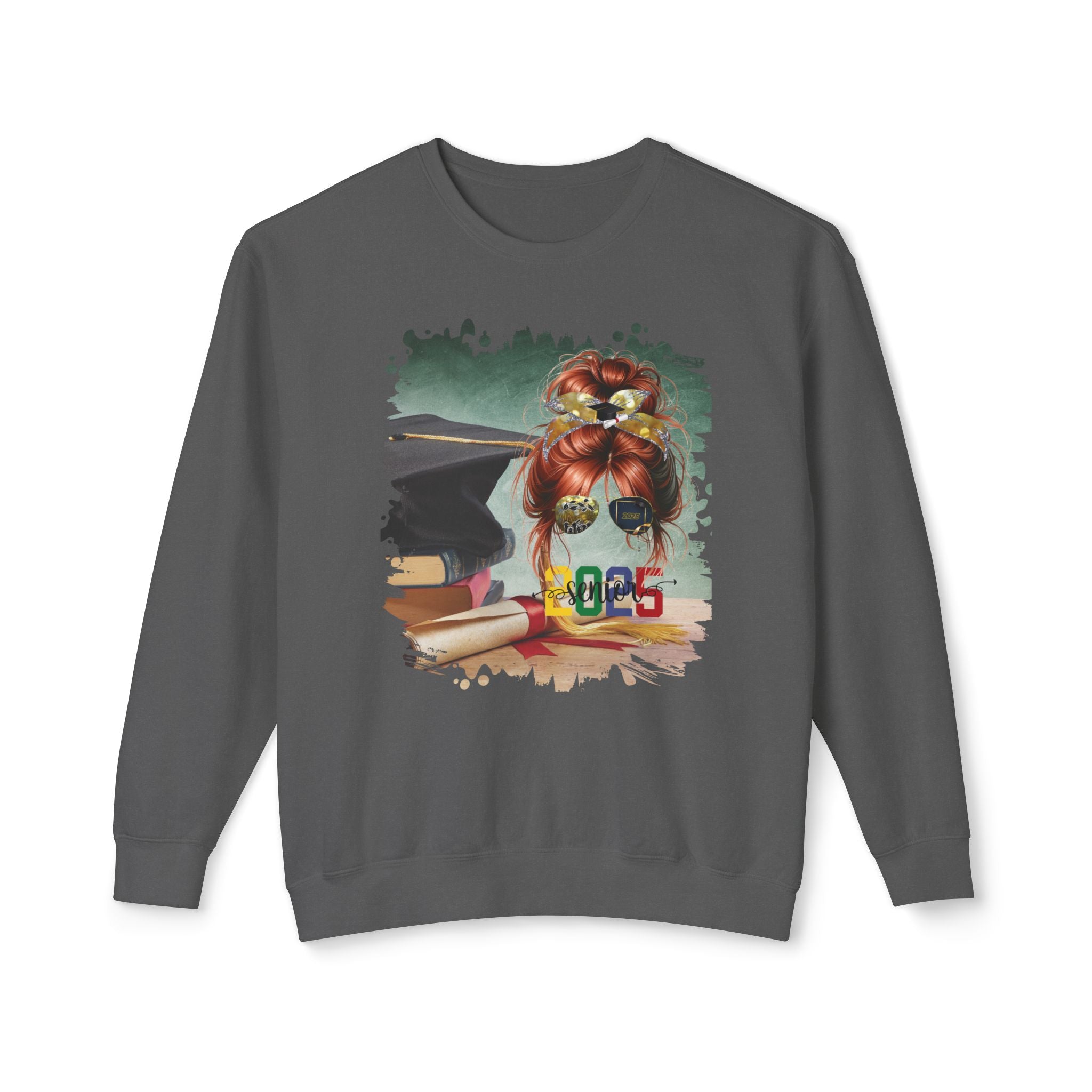 Senior 2025 Colorful, Cap & Degree/Diploma, Red Hair Messy Bun, Unisex Lightweight Crewneck Sweatshirt