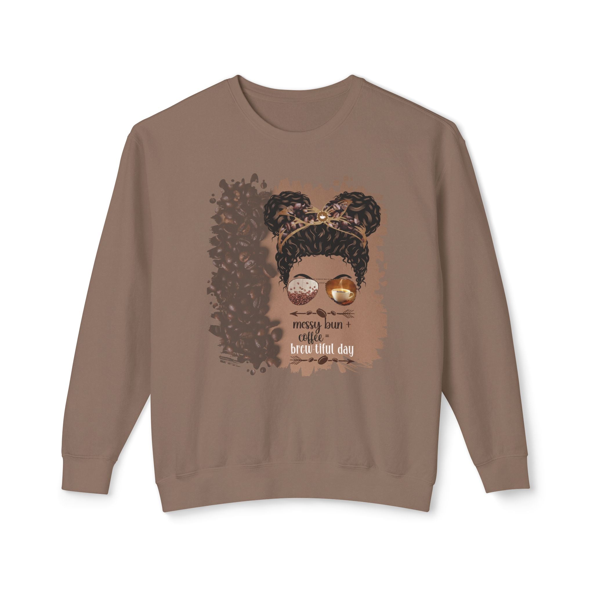Messy Bun plus Coffee, Coffee Beans Shade, Black Hair Messy Bun, Unisex Lightweight Crewneck Sweatshirt