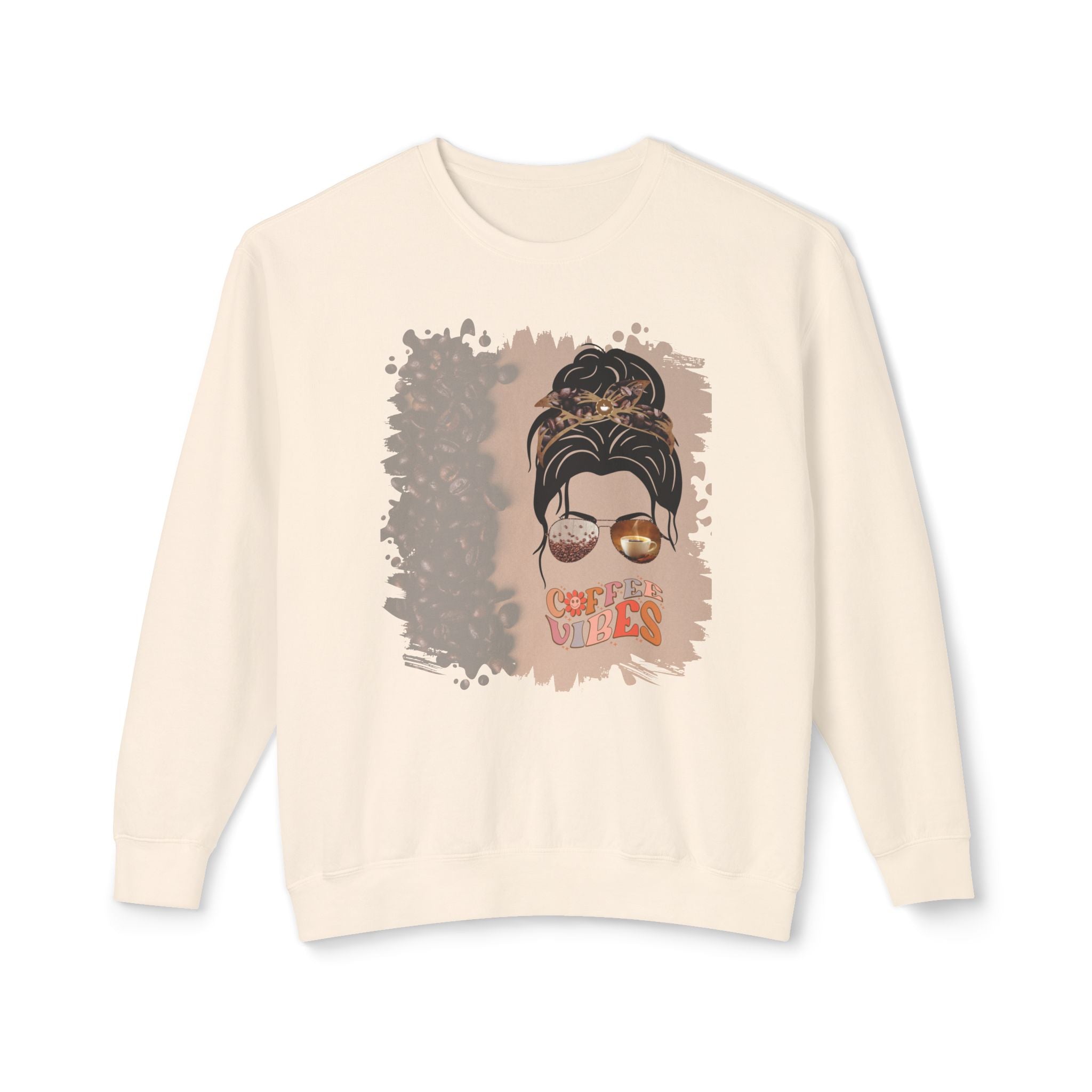 Coffee Vibes, Coffee Beans Shade, Dark Hair Messy Bun, Unisex Lightweight Crewneck Sweatshirt