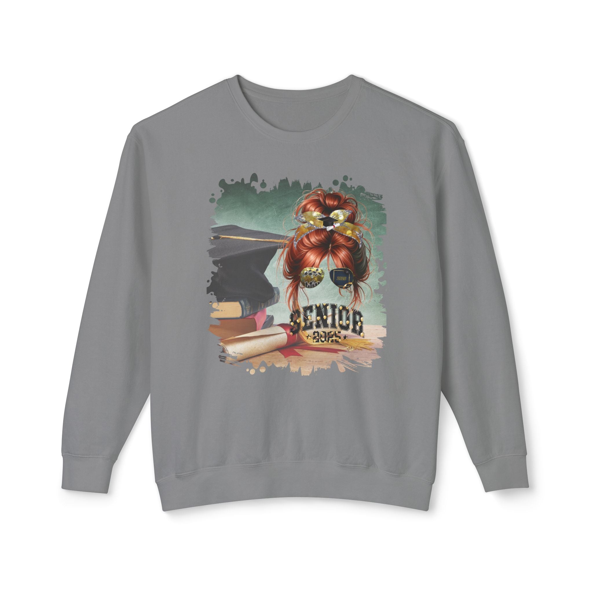 Senior 2025 Balloons, Cap & Degree/Diploma, Red Hair Messy Bun, Unisex Lightweight Crewneck Sweatshirt