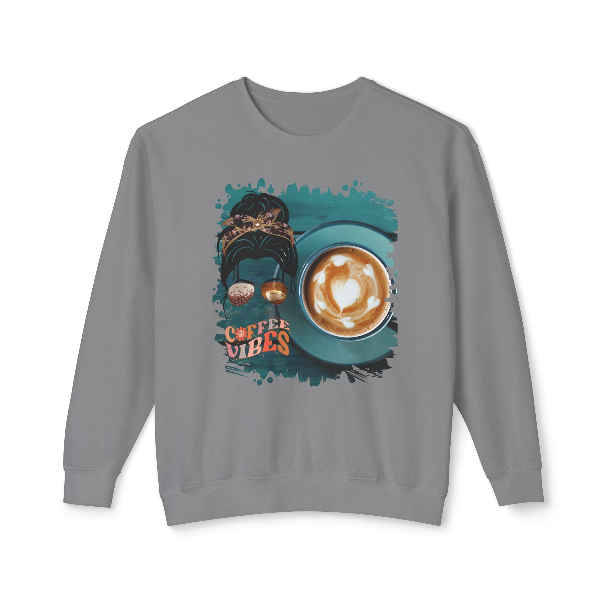 Coffee Vibes, Coffee Cup, Dark Hair Messy Bun, Unisex Lightweight Crewneck Sweatshirt