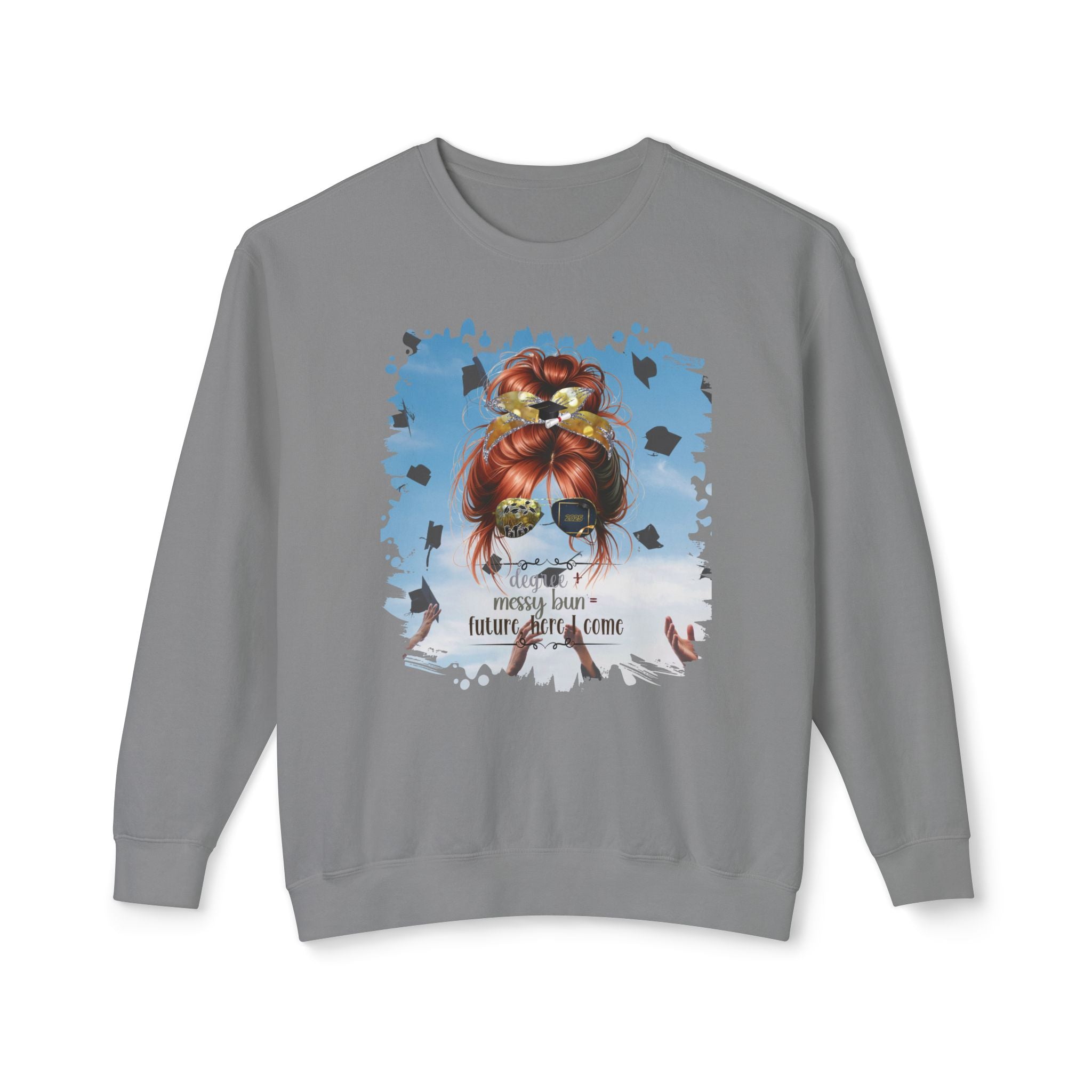 Degree + Messy Bun, Celebration, Red Hair Messy Bun, Unisex Lightweight Crewneck Sweatshirt