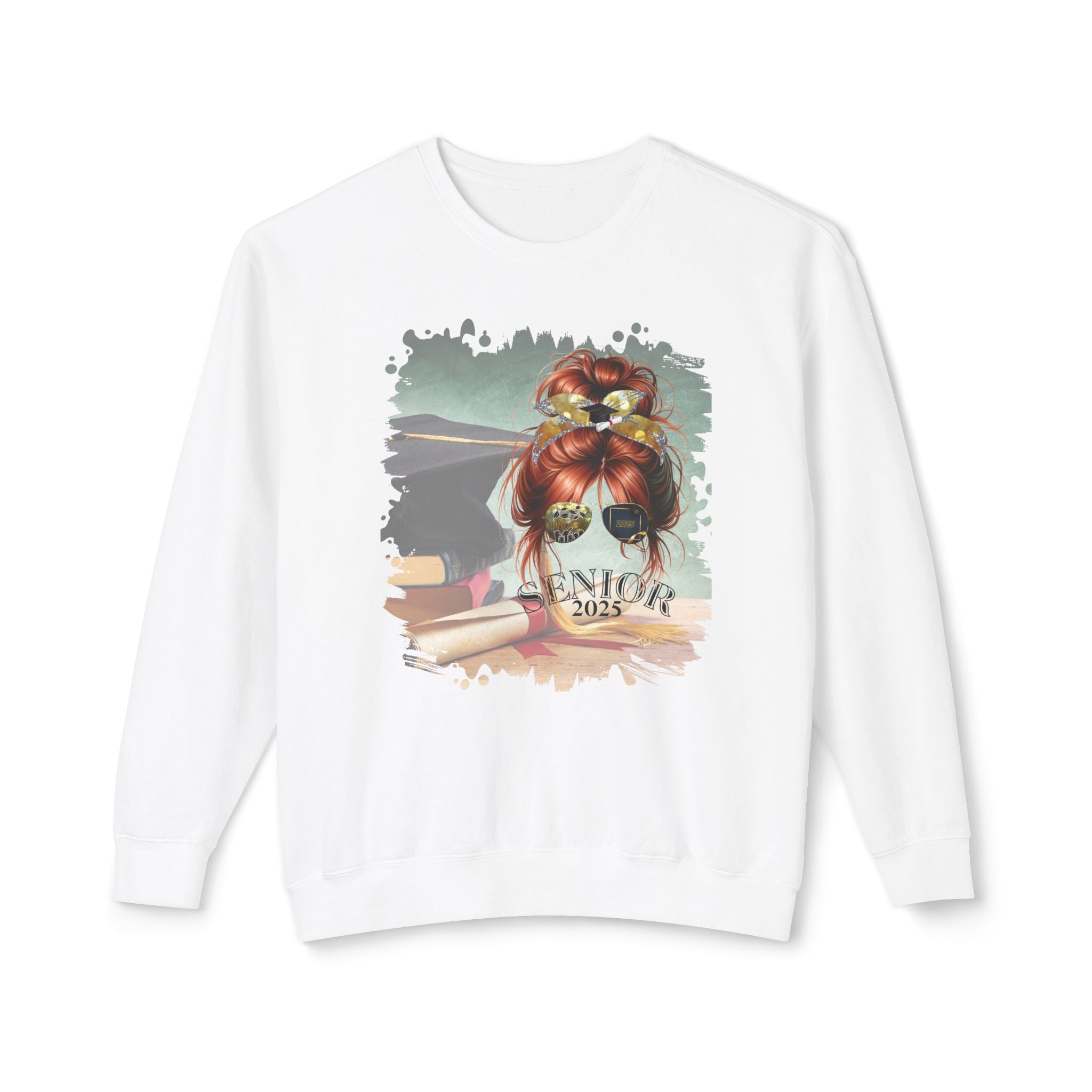 Senior 2025, Cap & Degree/Diploma, Red Hair Messy Bun, Unisex Lightweight Crewneck Sweatshirt