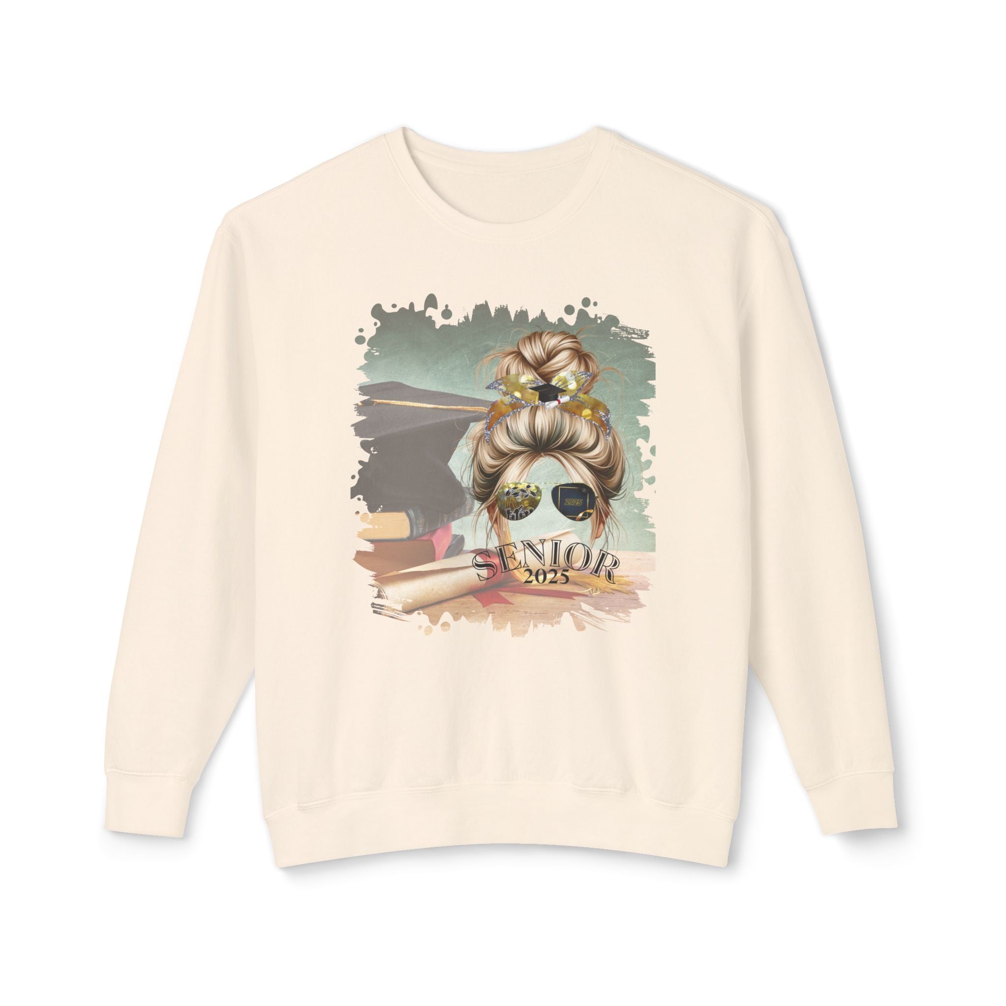 Senior 2025, Cap & Degree/Diploma, Blond Hair Messy Bun, Unisex Lightweight Crewneck Sweatshirt