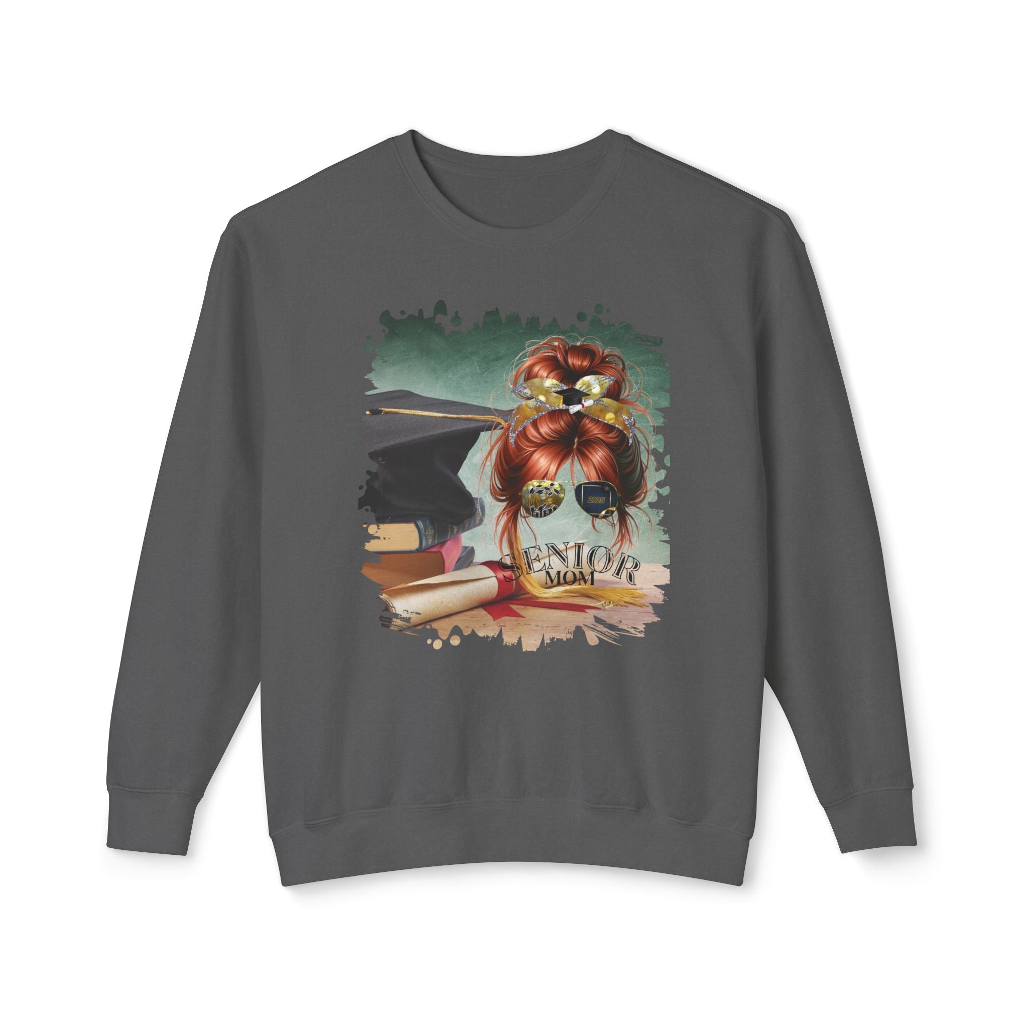 Senior Mom, Cap & Degree/Diploma, Red Hair Messy Bun, Unisex Lightweight Crewneck Sweatshirt