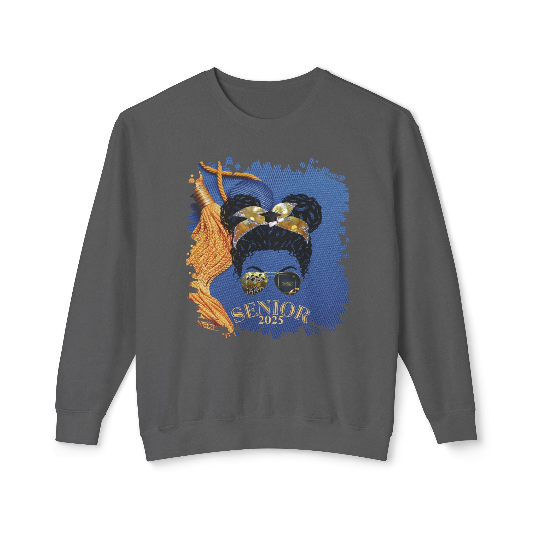 Senior 2025, Graduation Cap, Black Hair Messy Bun, Unisex Lightweight Crewneck Sweatshirt