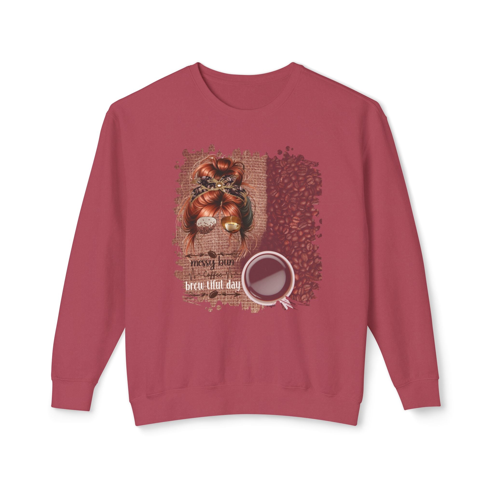 Coffee Heartbeat, Coffee Beans Bag, Red Hair Messy Bun, Unisex Lightweight Crewneck Sweatshirt
