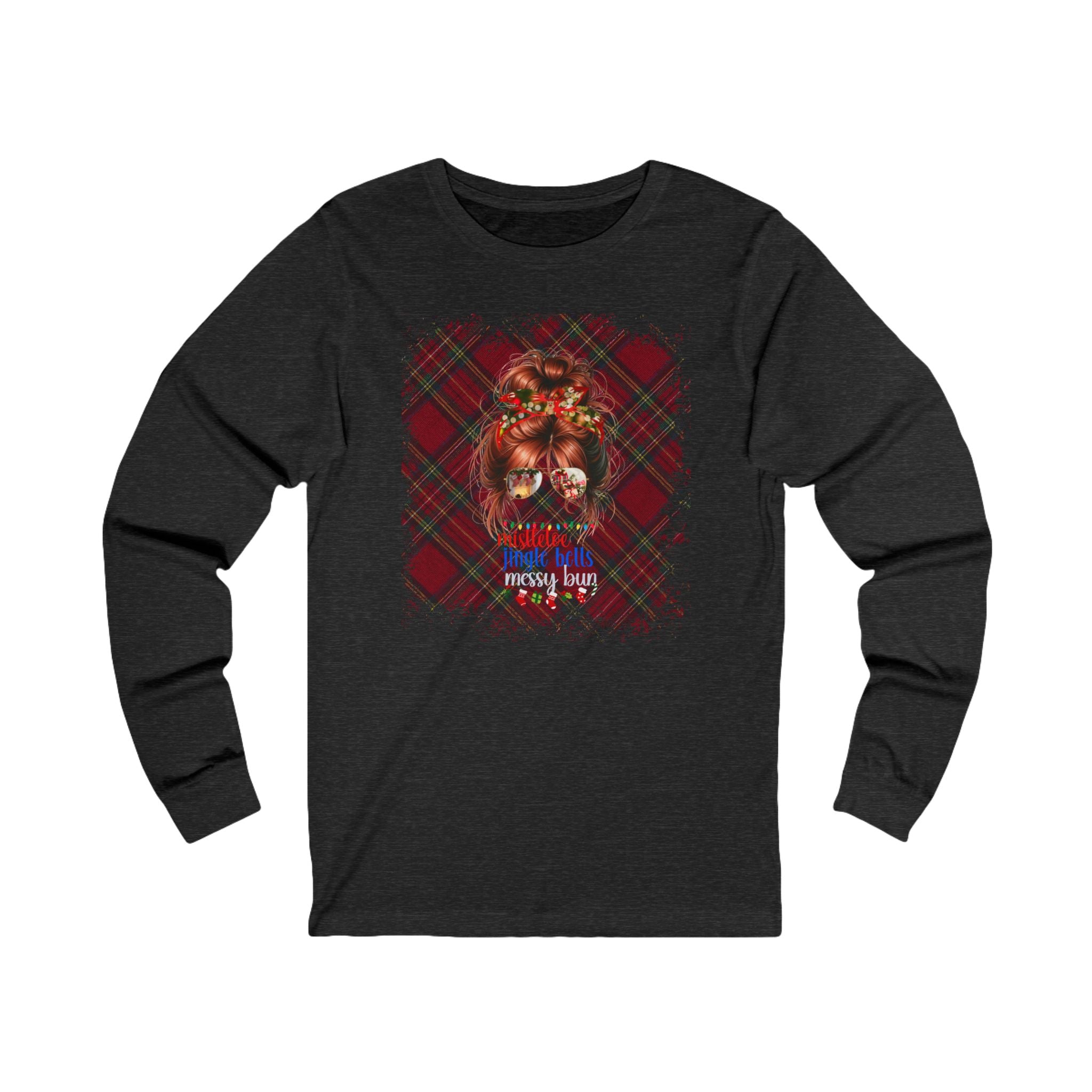 Messy Bun Christmas Plaid, Red Hair Messy Bun, Unisex Jersey Long Sleeve Tee