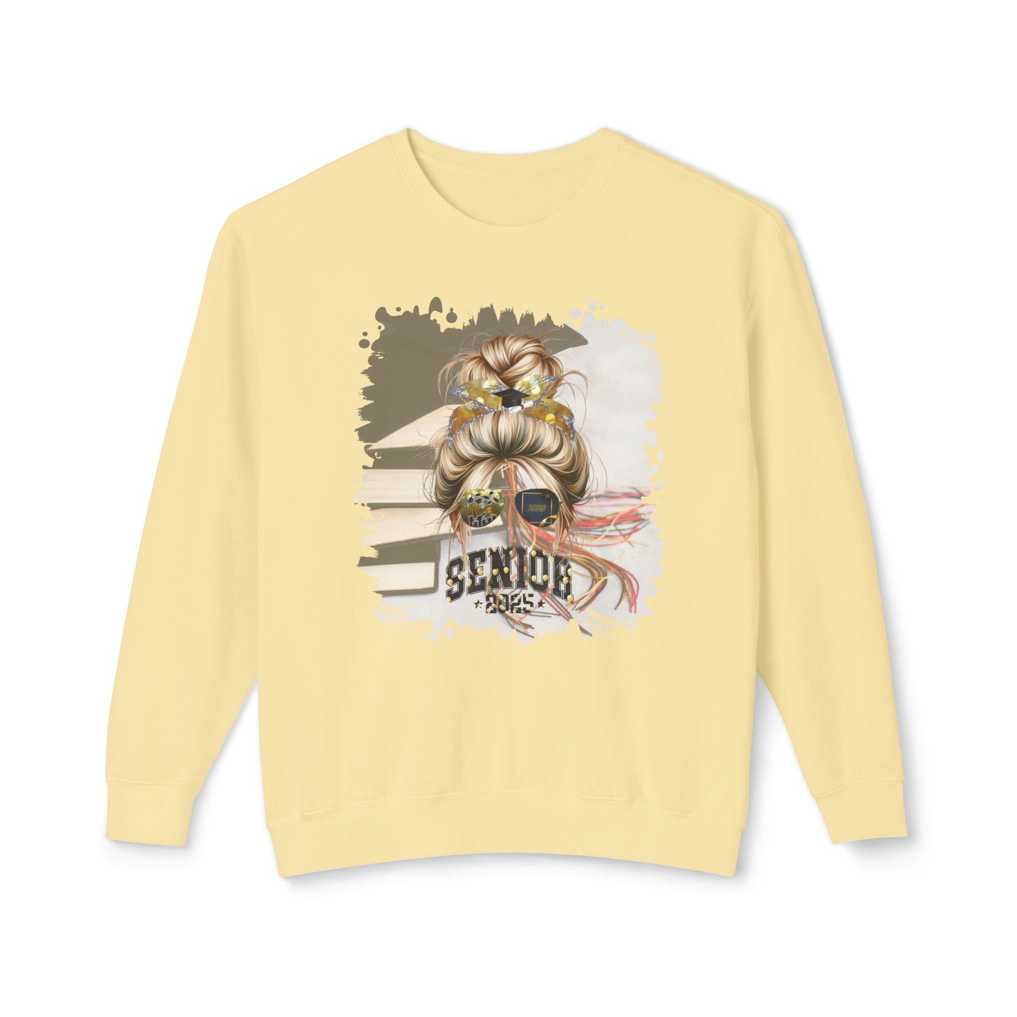 Senior 2025 Balloons, Cap & Books, Blond Hair Messy Bun, Unisex Lightweight Crewneck Sweatshirt