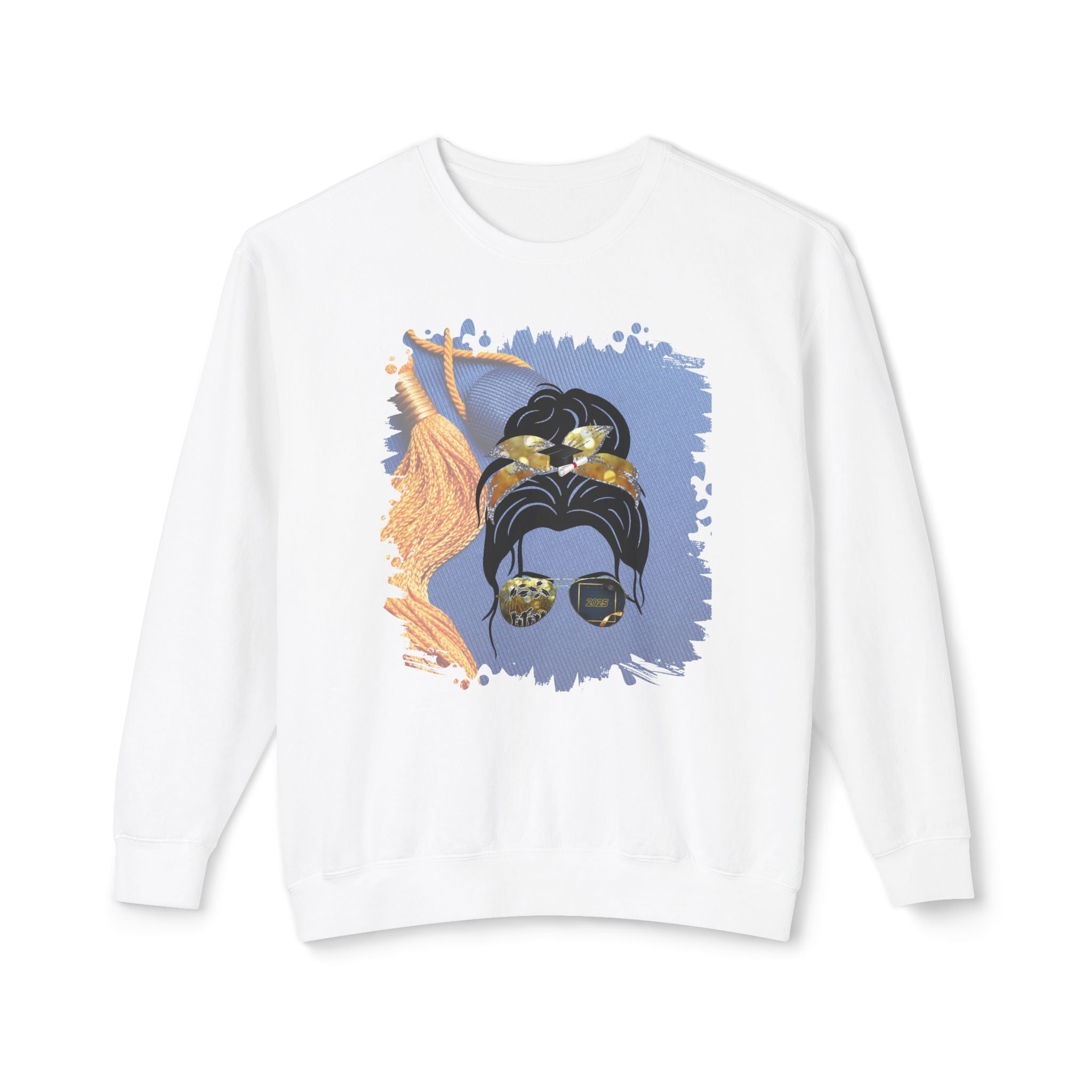 Graduation Cap, Dark Hair Messy Bun, Unisex Lightweight Crewneck Sweatshirt