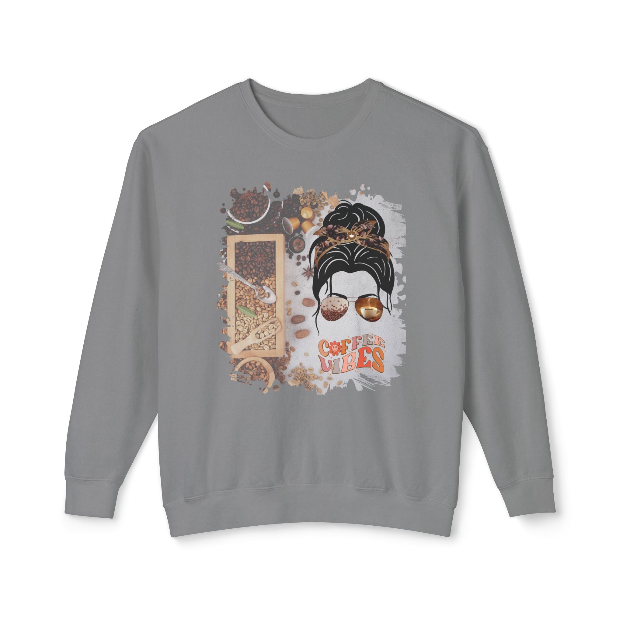 Coffee Vibes, Coffee Beans Variety, Dark Hair Messy Bun, Unisex Lightweight Crewneck Sweatshirt