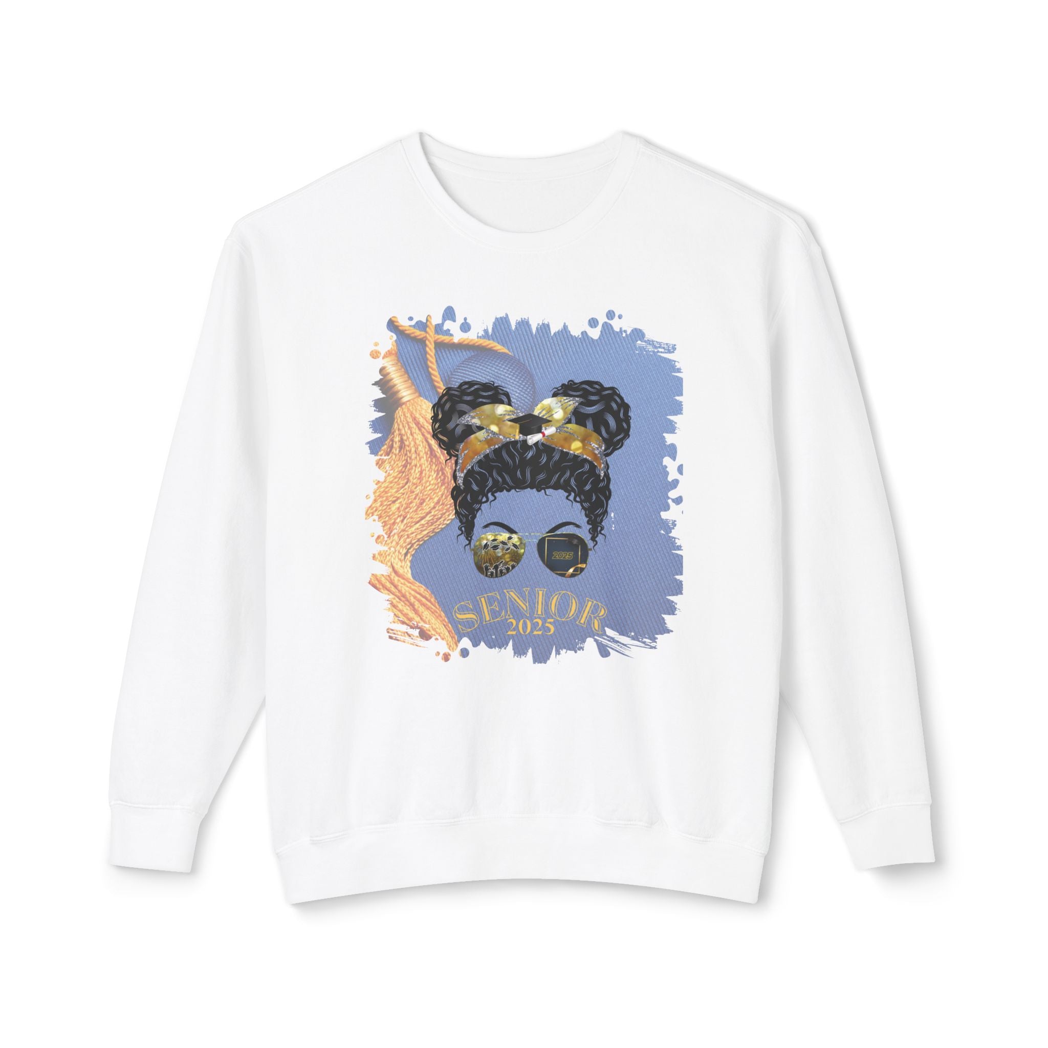 Senior 2025, Graduation Cap, Black Hair Messy Bun, Unisex Lightweight Crewneck Sweatshirt