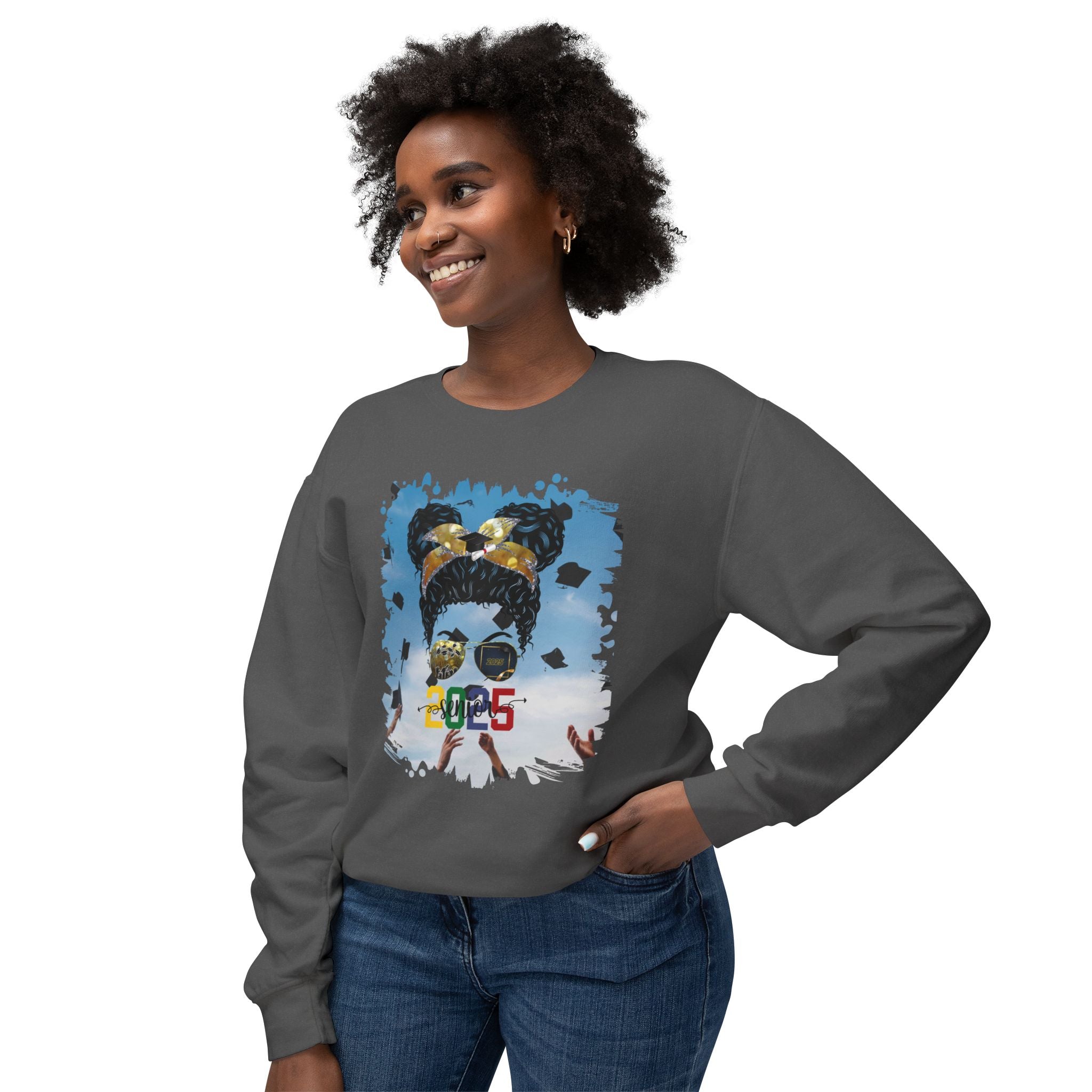 Senior 2025 Colorful, Celebration, Black Hair Messy Bun, Unisex Lightweight Crewneck Sweatshirt