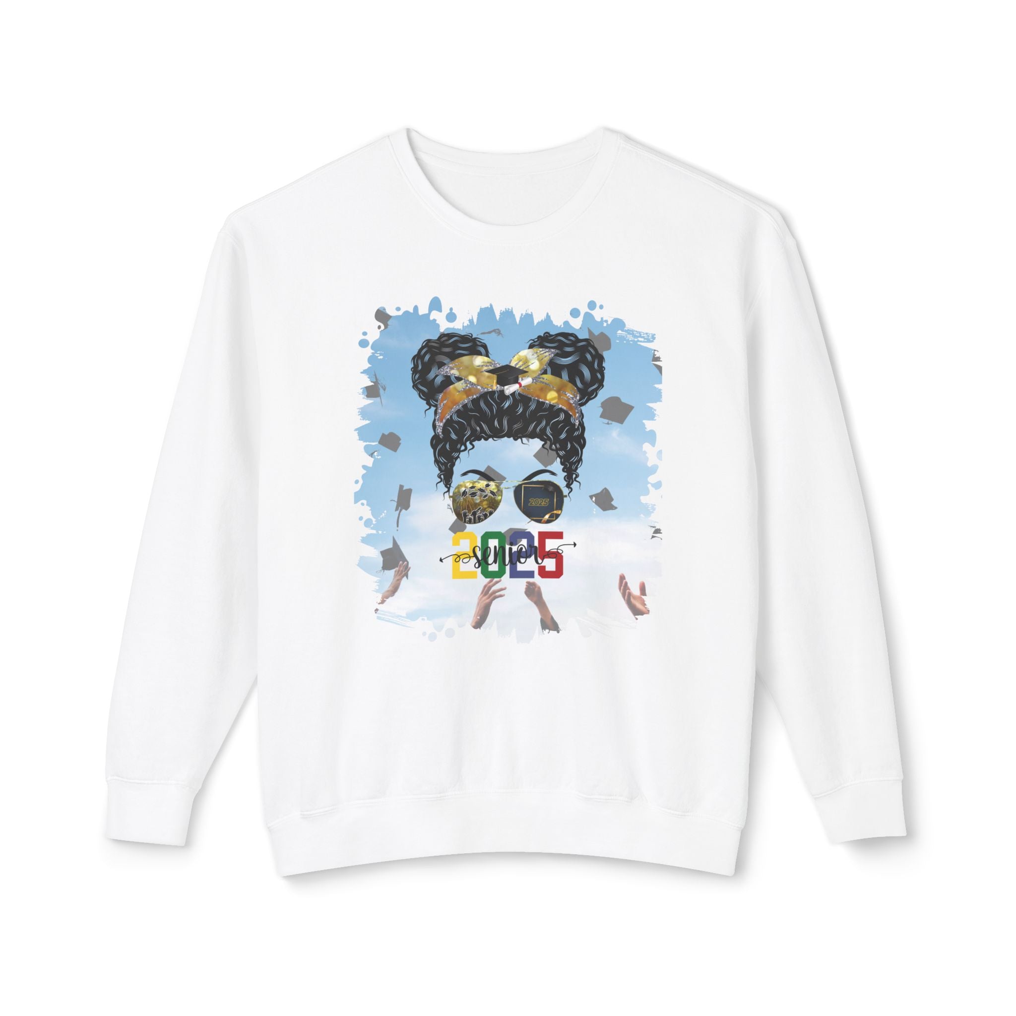 Senior 2025 Colorful, Celebration, Black Hair Messy Bun, Unisex Lightweight Crewneck Sweatshirt