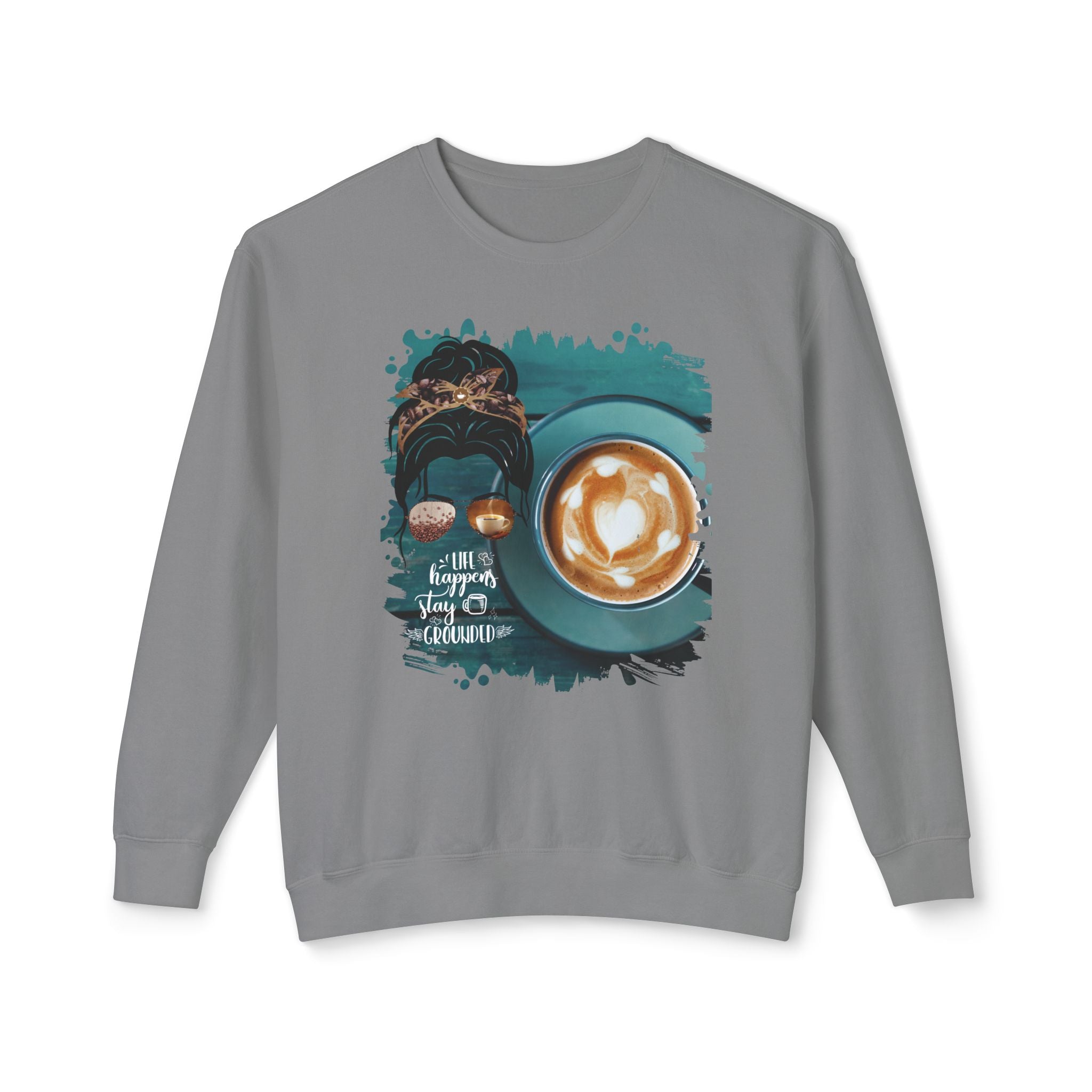 Stay Grounded, Coffee Cup, Dark Hair Messy Bun, Unisex Lightweight Crewneck Sweatshirt