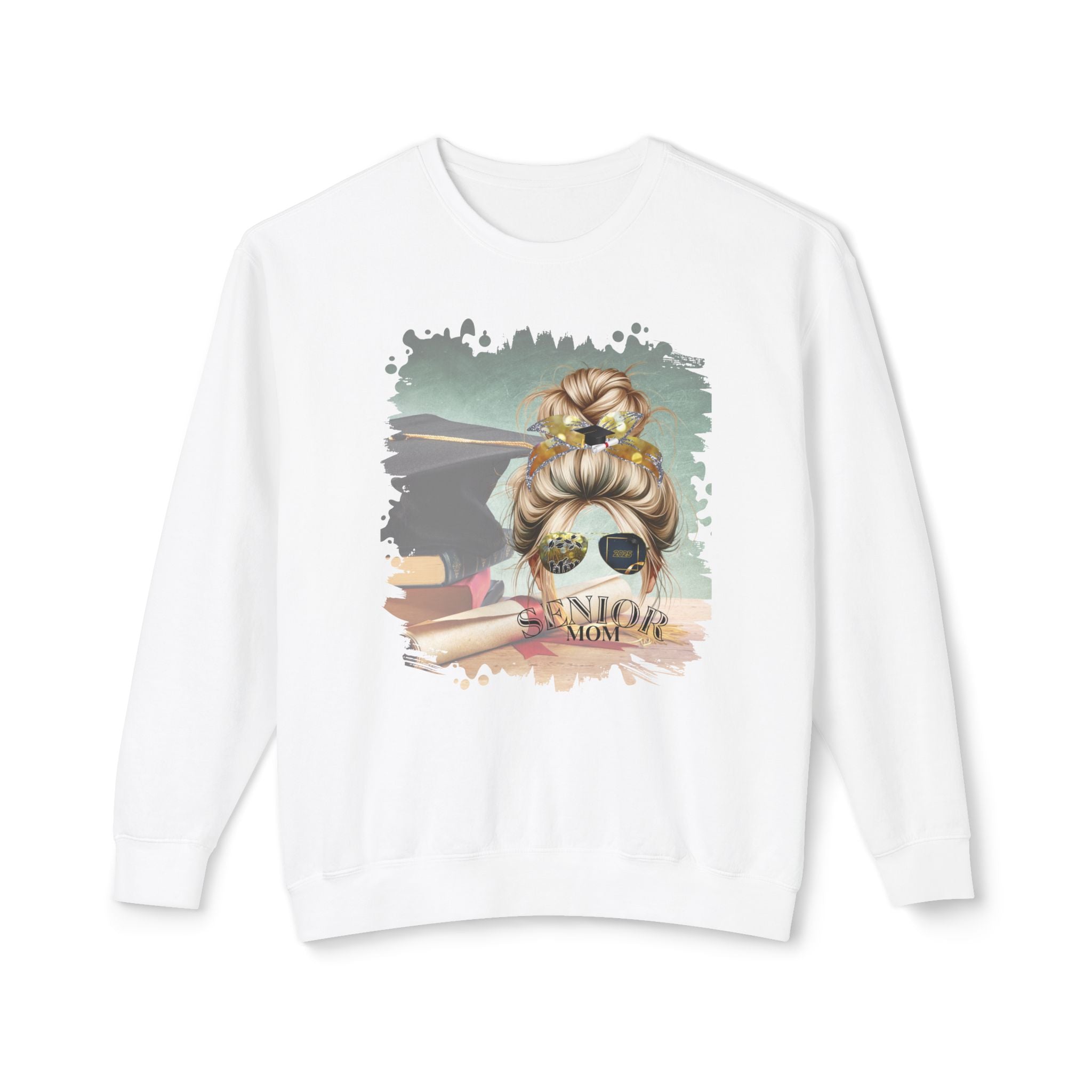 Senior Mom, Cap & Degree/Diploma, Blond Hair Messy Bun, Unisex Lightweight Crewneck Sweatshirt