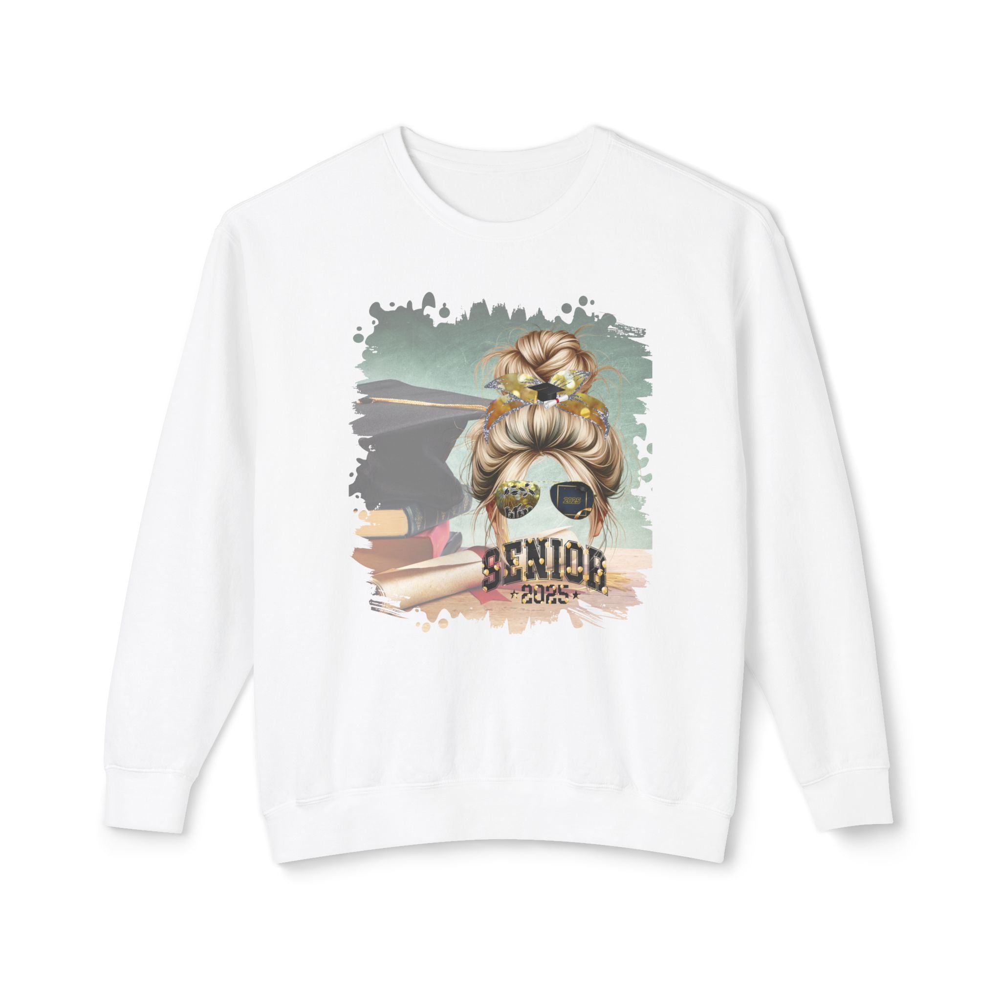 Senior 2025 Balloons, Cap & Degree/Diploma, Blond Hair Messy Bun, Unisex Lightweight Crewneck Sweatshirt