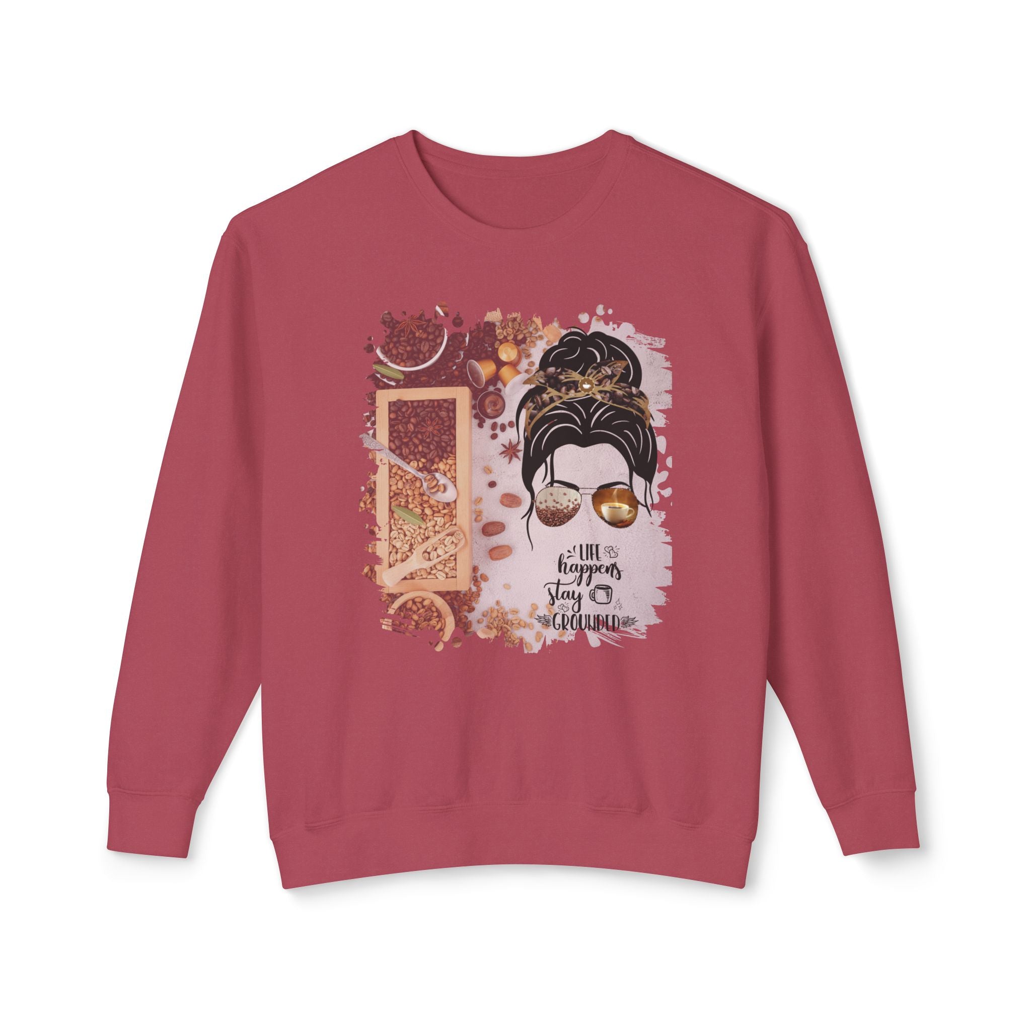 Stay Grounded, Coffee Beans Variety, Dark Hair Messy Bun, Unisex Lightweight Crewneck Sweatshirt