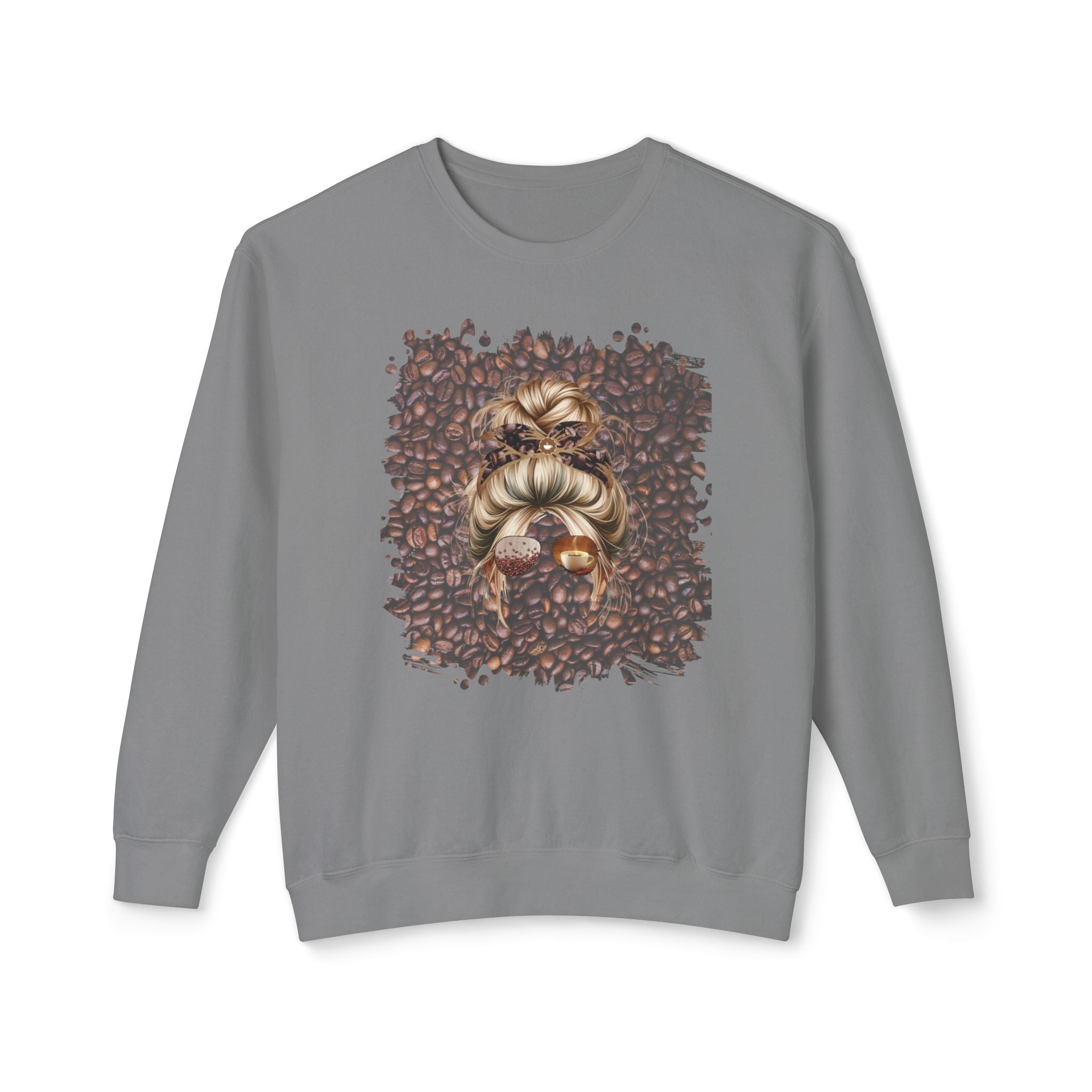Coffee Beans, Blond Hair Messy Bun, Unisex Lightweight Crewneck Sweatshirt