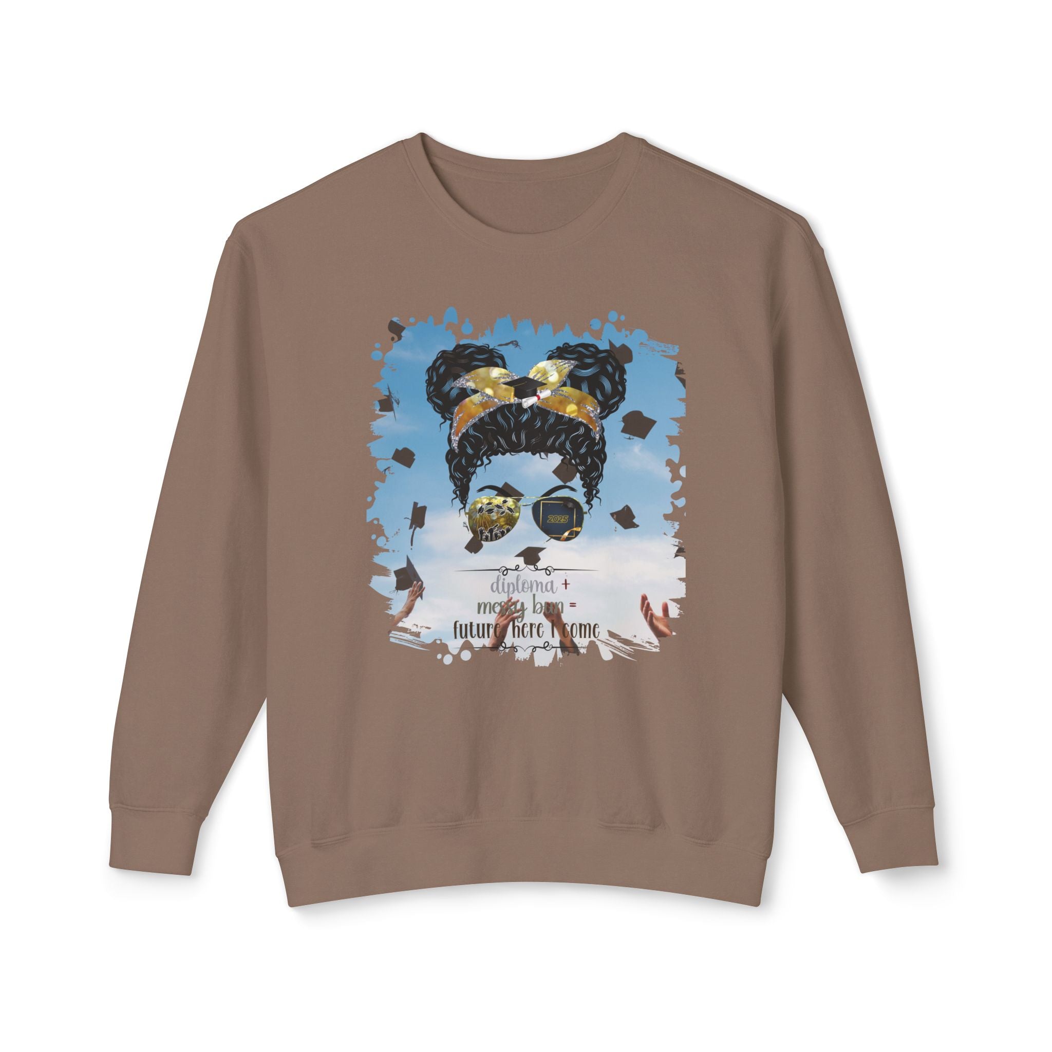 Diploma + Messy Bun, Celebration, Black Hair Messy Bun, Unisex Lightweight Crewneck Sweatshirt